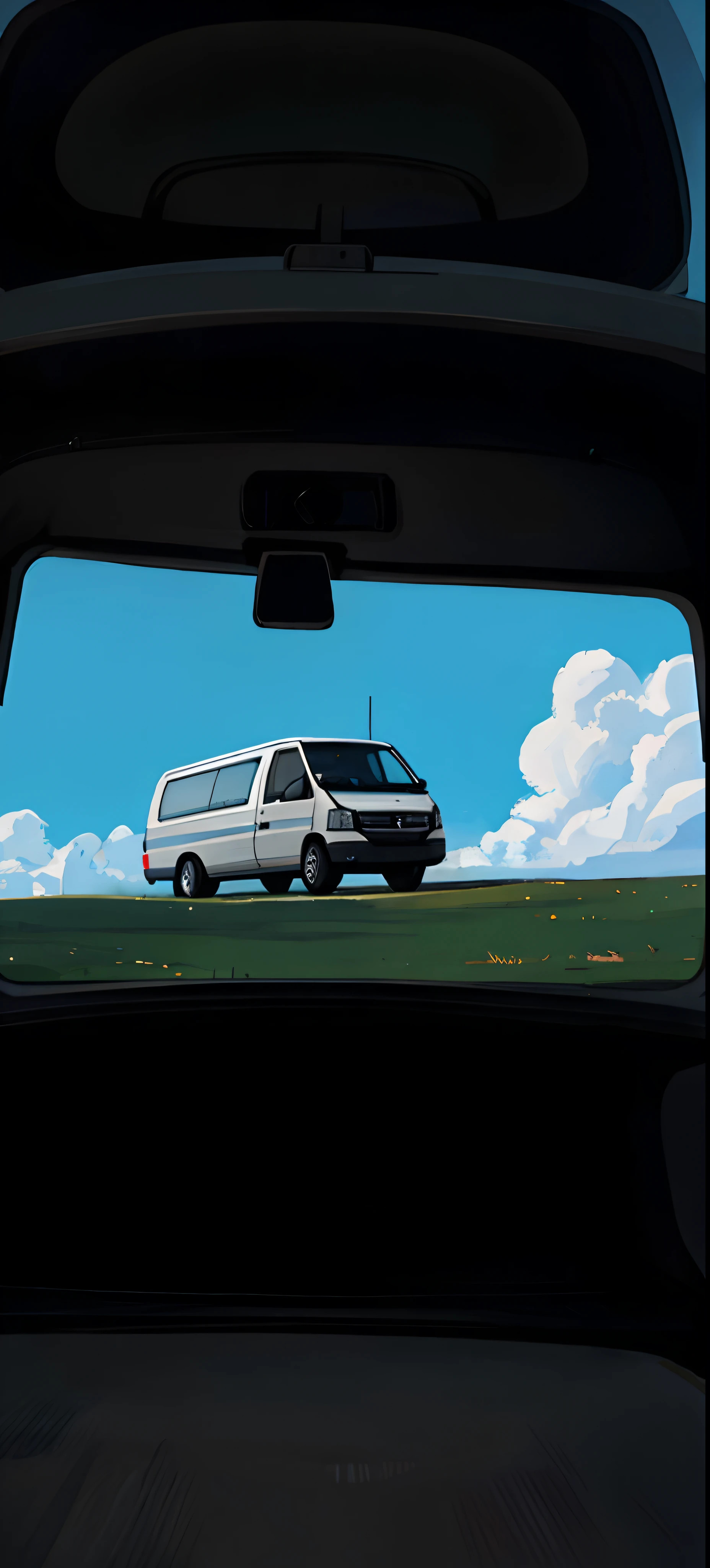 Close-up of a van on a hill against the sky, based on Simon Stålenhag, absurdres, high res, 8K, ultrasharp, masterpiece
