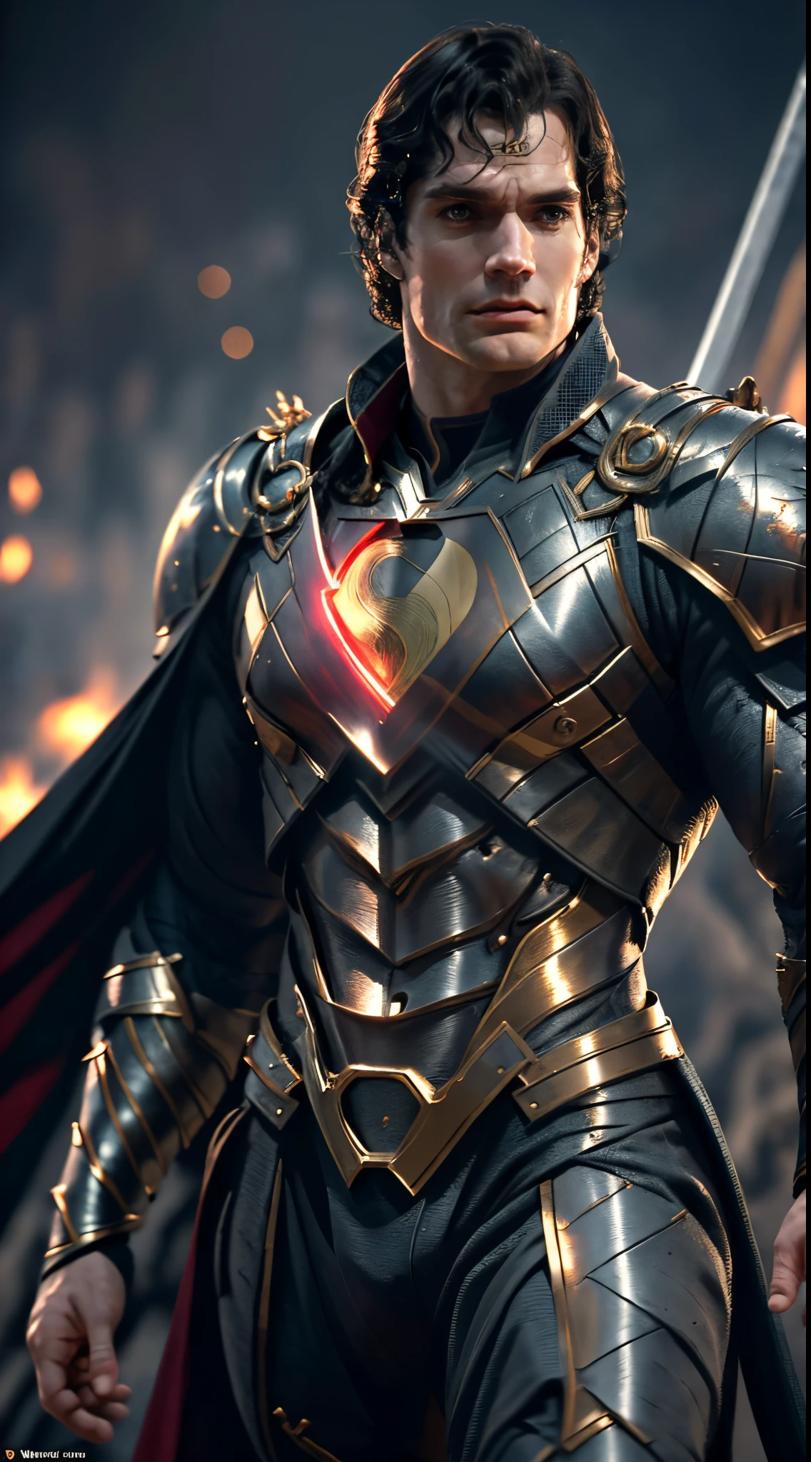 Henry Cavill as Superman, 40s year old, Gold details suit, dragon armor,black cape, strain of hair covering forehead, short cut hair, tidy hair, tall, manly, hunk body, A little muscular, straight face, black medium hair, best quality, high resolution:1.2, masterpiece, raw photo, dark background, detailed suit, detailed face, upper body', elegant pose,Holding a red sword , shotHD lighting and dark )<=(epic image quality)dark atmosphere with bright particle light(many effects in background)