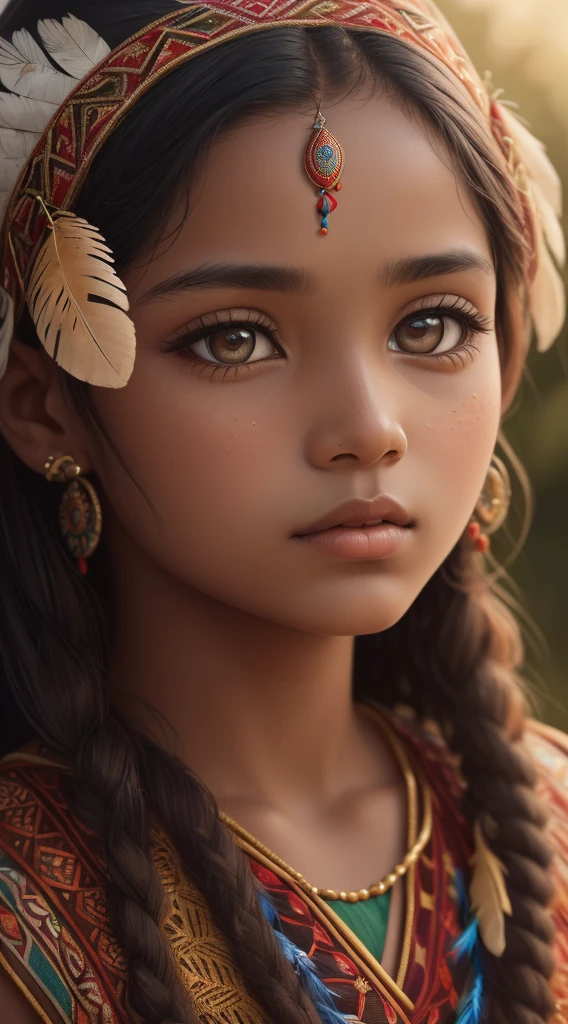 An indigenous girl,beautiful detailed eyes,beautiful detailed lips,long eyelashes,(best quality,4k,8k,highres,masterpiece:1.2),ultra-detailed,realistic,medium:oil painting,nature-inspired background,cultural patterns,traditional attire,adorned with feathers,humble and captivating expression,vibrant colors,soft lighting