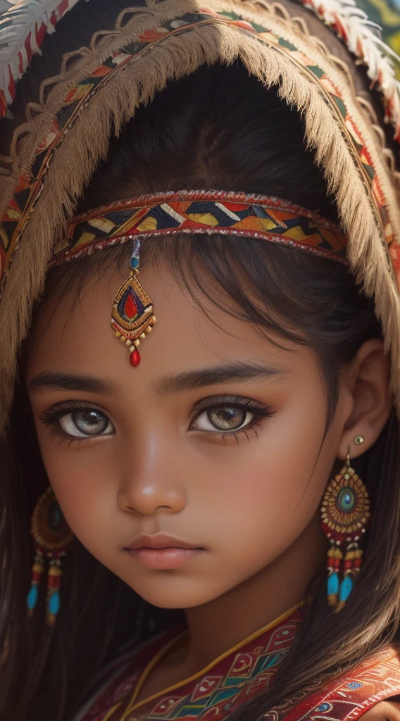 An indigenous girl,beautiful detailed eyes,beautiful detailed lips,long eyelashes,(best quality,4k,8k,highres,masterpiece:1.2),ultra-detailed,realistic,medium:oil painting,nature-inspired background,cultural patterns,traditional attire,adorned with feathers,humble and captivating expression,vibrant colors,soft lighting