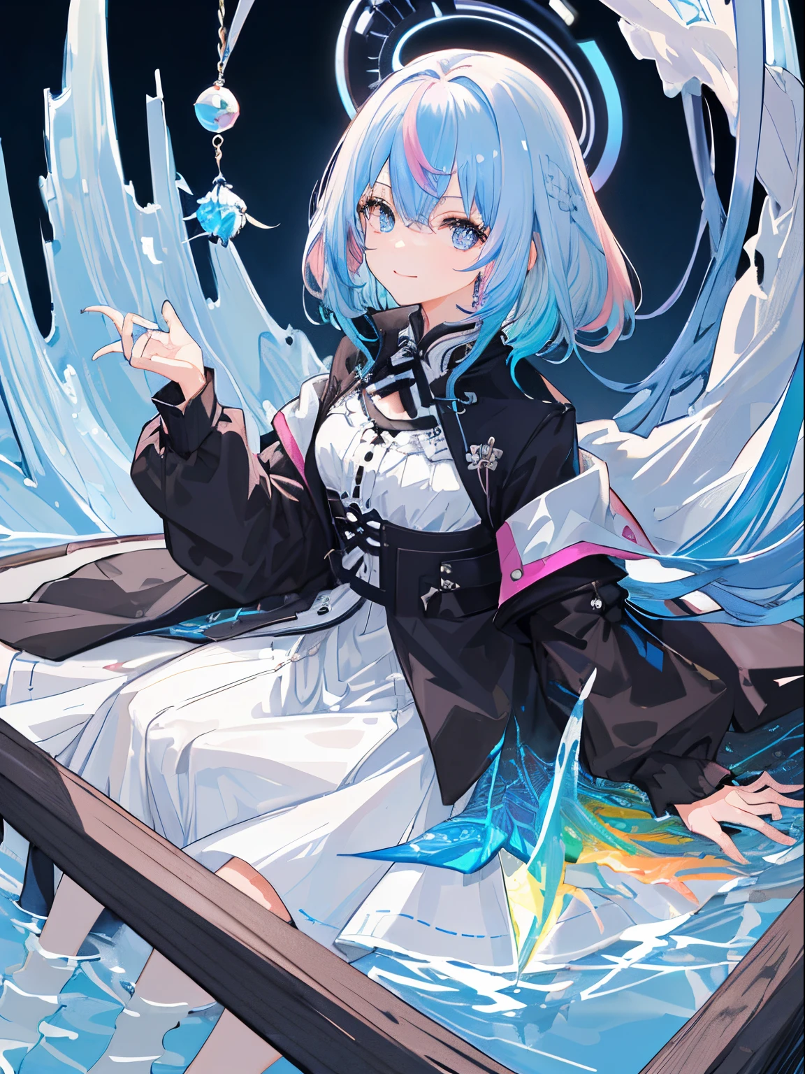 ((top-quality)), ((​masterpiece)), ((ultra-detailliert)), (extremely delicate and beautiful), girl with, 独奏, cold attitude,((Black jacket)),She is very(relax)with  the(Settled down)Looks,A dark-haired, depth of fields,evil smile,Bubble, under the water, Air bubble,bright light blue eyes,Inner color with black hair and light blue tips,Cold background,bobhair ,Delicate body、(Fractal art:1.3)、The upper part of the body、look up to、patterns、(rainbow-colored hair、colourful hair、Half blue and half pink hair:1.2)、Eau、liquids、云、colourfull