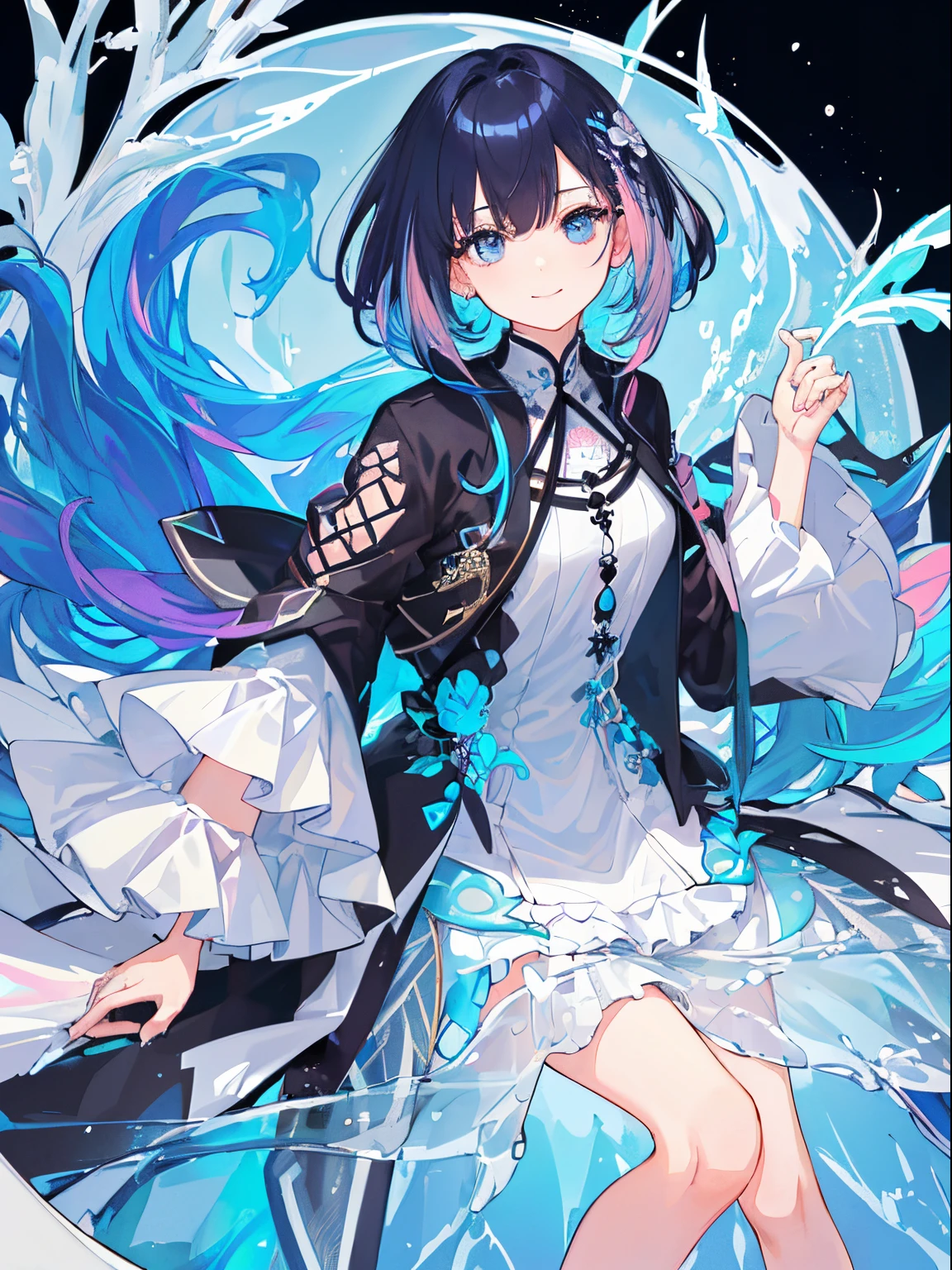 ((top-quality)), ((masterpiece)), ((ultra-detailliert)), (extremely delicate and beautiful), girl with, 独奏, cold attitude,((Black jacket)),She is very(relax)with the(Settled down)Looks,A dark-haired, depth of fields,evil smile,Bubble, under the water, Air bubble,bright light blue eyes,Inner color with black hair and light blue tips,Cold background,bobhair ,Delicate body、(Fractal art:1.3)、The upper part of the body、look up to、patterns、(rainbow-colored hair、colourful hair、Half blue and half pink hair:1.2)、Eau、liquids、云、colourfull