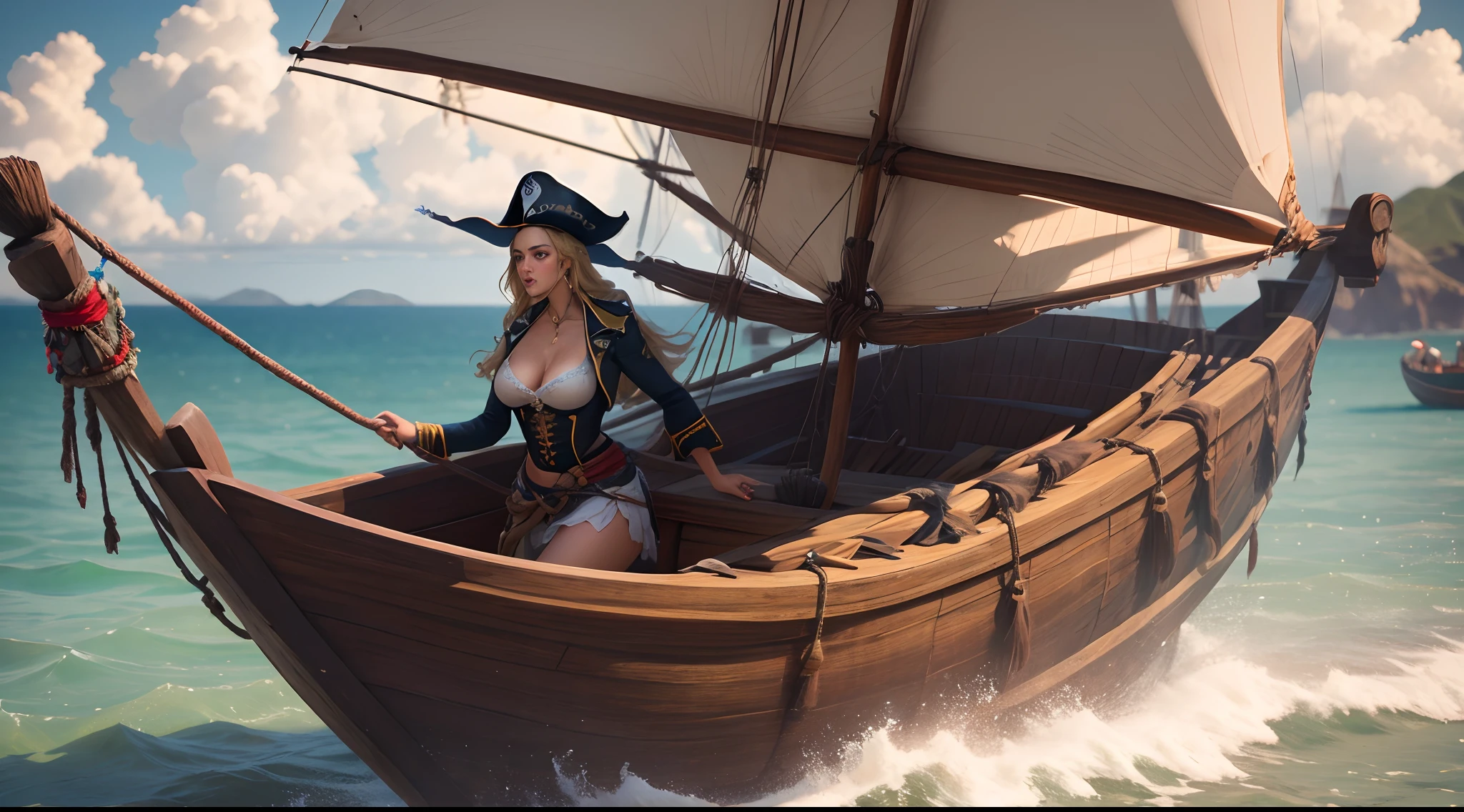 Chica hermosa (22year old) , pirata, estilo piratas del caribe, barco pirata, en la proa, bruma, misterio, 3D, 8k, renderizado, intrincado, dramatic