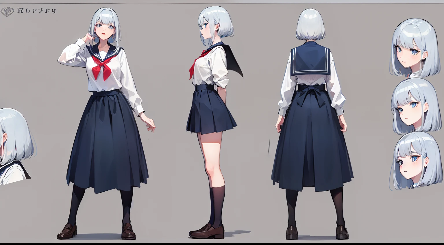 (best quality, masterpiece), 1girl, 15 yo,cute, standing girl, three view drawing, front and back and side, character sheet,full body,simple background,