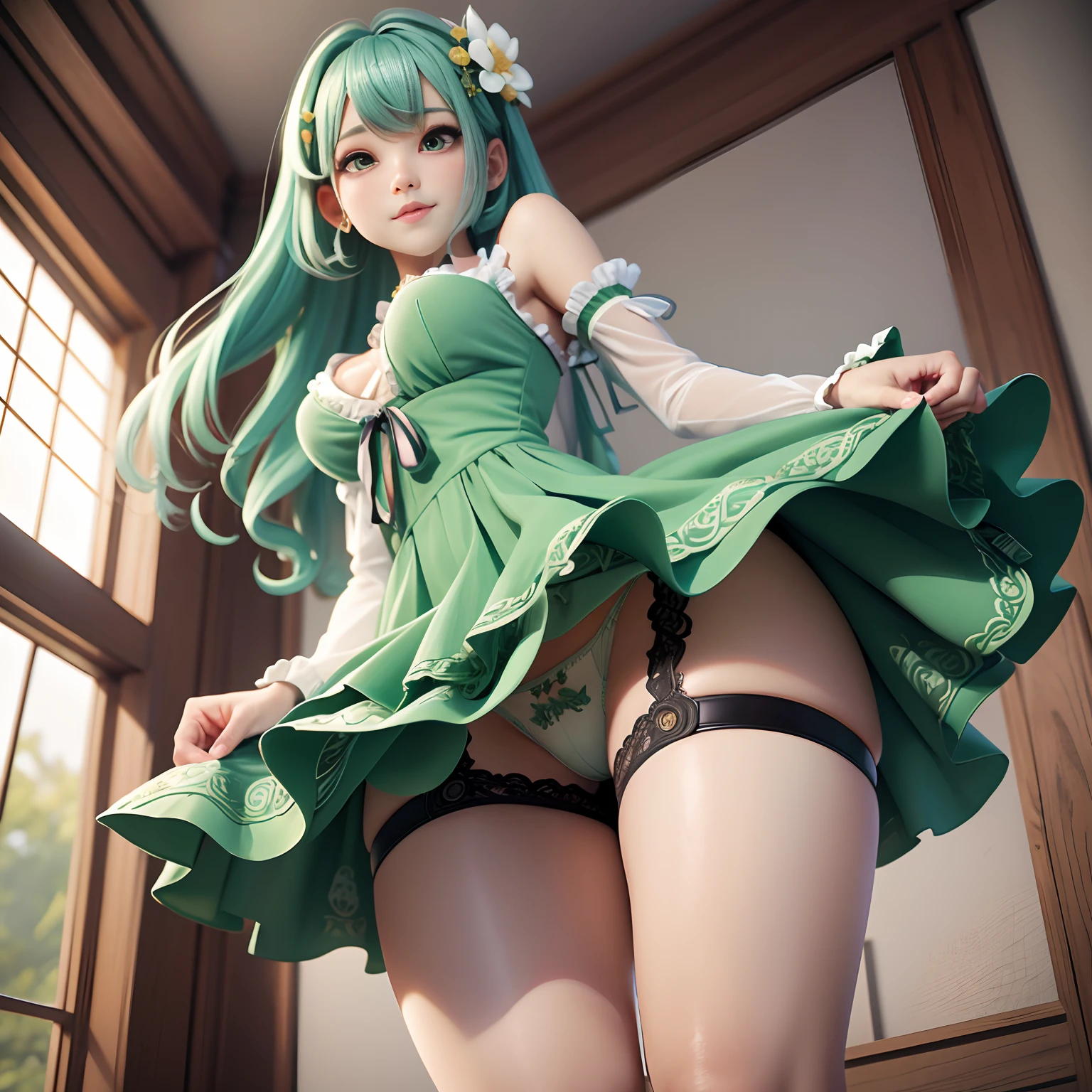 3DMM Style, (masutepiece, Best Quality), Intricate details, 1girl in, Solo, Green hair, flower hair clip, ｛Full body shot｝、Green dress、a short skirt、Angle from below、 Looking at Viewer,｛{{Lift the skirt yourself}}｝、{{{white  panties}}｝、pretty Panties、{{Panties exposed}}、{{ｵﾏﾝｺThe shape of the shape is clear}}、{{palpableｵﾏﾝｺ}}、{{{All pants are see-through}}}、{{{The panties are very see-through}}}、{{The panties are digging into the crotch}}、{{Pubic hair grows}}、Manhair、{{{{Pubic hair through panties}}}}、{{{{Green pubic hair}}}}