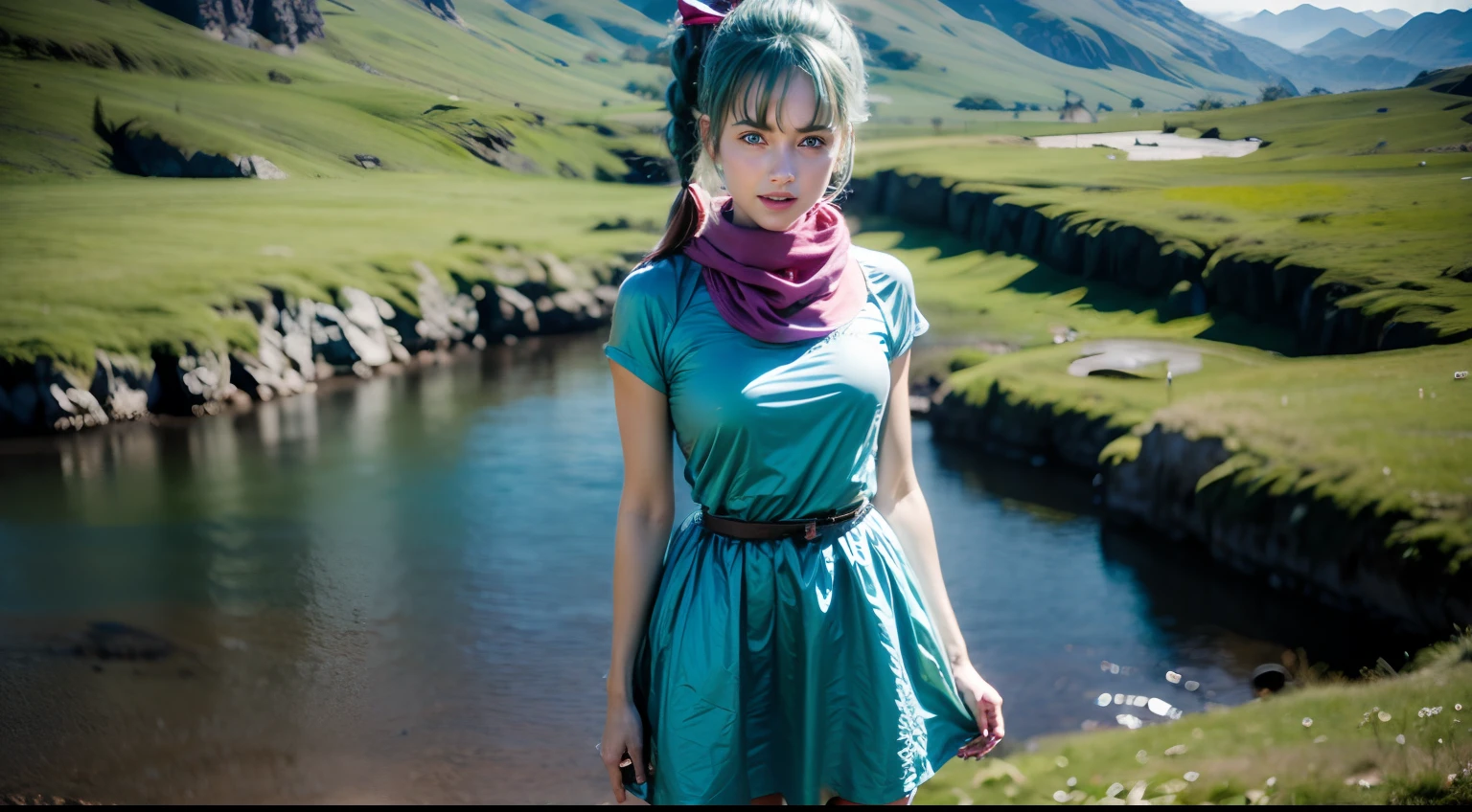 Bulma_teen, 1girl, solo, long hair, looking at viewer, blush, smile, bangs, blue eyes, dress, bow, ribbon, standing, hair ribbon, short sleeves, thighs, cowboy shot, outdoors, green hair, sky, day, belt, cloud, water, scarf, blue sky, short dress, grass, building, pink dress, clothes