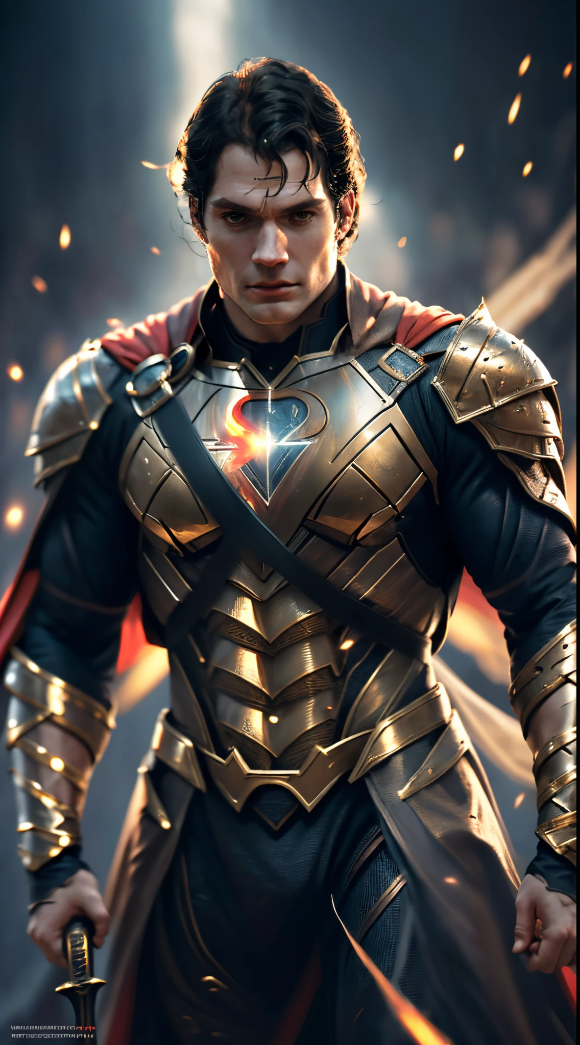 Henry Cavill as Superman, 40s year old, Gold details suit, sun armor, Sun symbol ,black cape, strain of hair covering forehead, short cut hair, tidy hair, tall, manly, hunk body, A little muscular, straight face, black medium hair, best quality, high resolution:1.2, masterpiece, raw photo, dark background, detailed suit, detailed face, upper body', elegant pose,Holding a red sword , shotHD lighting and dark )<=(epic image quality)dark atmosphere with bright particle light(many effects in background)