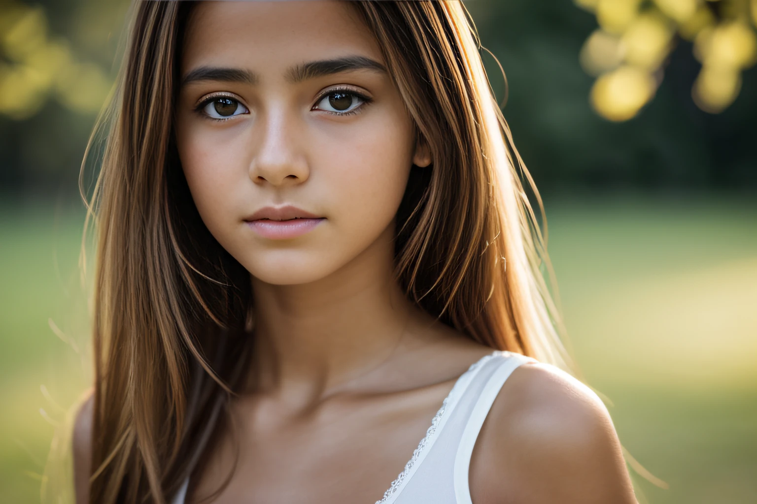 ((1 Spanish teenage girl)), Ethereal beautiful, slim, Petite, Soft light, ((David Hamilton Style)), closeup picture, masutepiece, Best Quality, Photorealsitic, 8K, High resolution, Detailed skin, 8K UHD, Digital SLR, Soft lighting, High quality, Film grain, FUJI XT3, Full body, Naked, In the park, standing,
