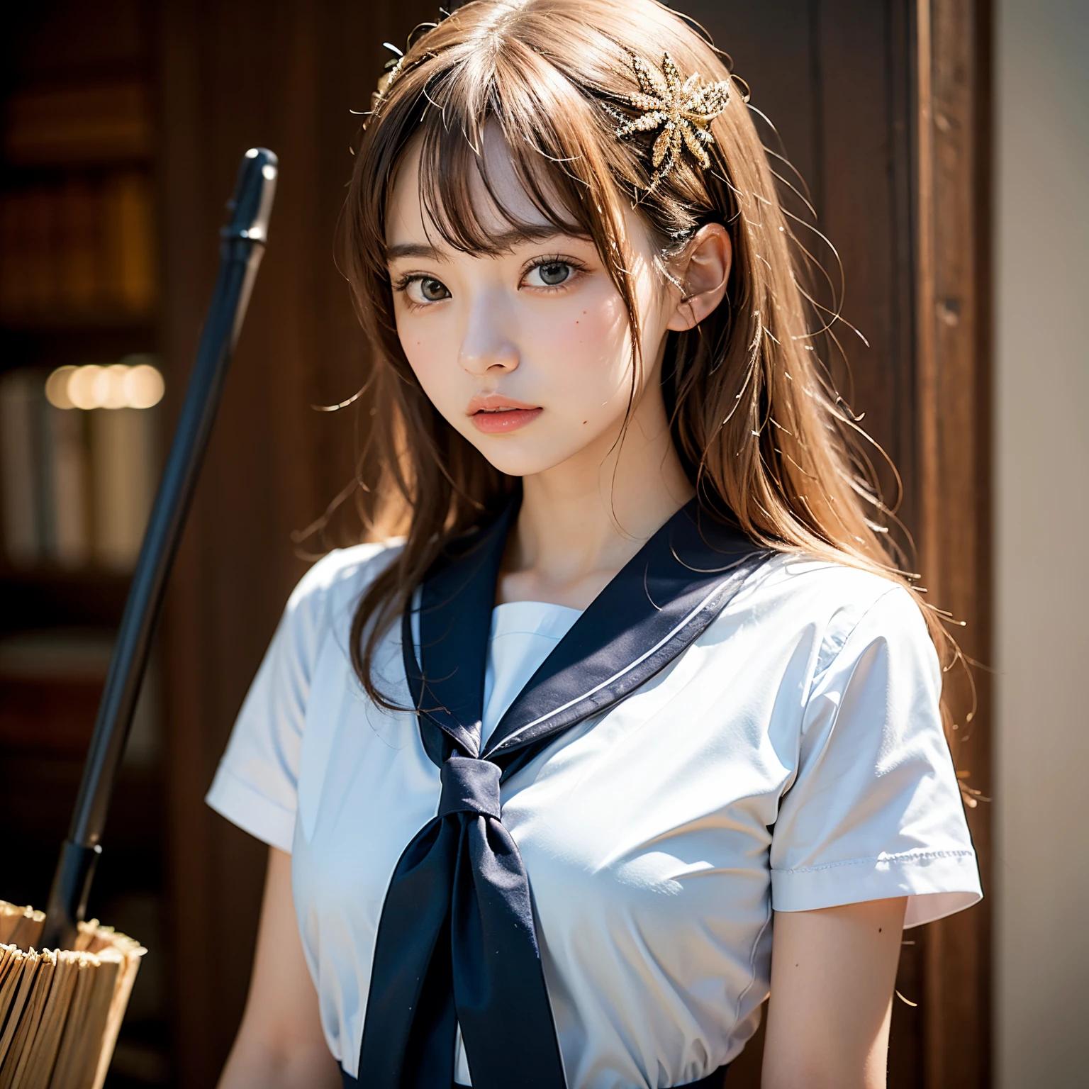 (masutepiece, Best Quality:1.2), 8K, Official art, Raw photo, Full Bord Bill Four、校服、Prepare a broom and duster、Sweep the landscape、Wear with a broom、Beautiful breasts are thin、years、small tits、unbelievable Ridiculous, (Upper body、校服:1.4), Beautiful Girl, Pretty Face, arching back down,、Gold hair ornament on hair、close up, Sailor Suit, Short sleeve, violaceaess, Teen, Looking at Viewer, Film grain, chromatic abberation, Sharp Focus, face lights, Dynamic lighting, Cinematic lighting, Eyes and faces with detailed, Bokeh background,