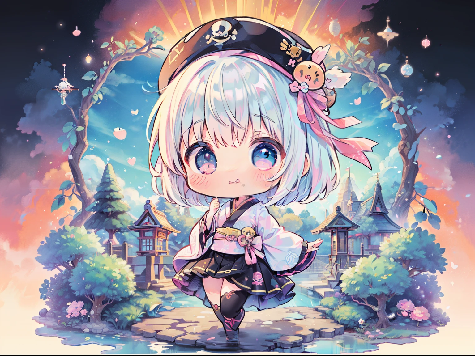(masutepiece),(Best Quality),(floating),(High resolution),(Dynamic Angle),(beautiful japanese female),(kawaii, Cute, Tiny, Chibi:1.3),Goddess-like posture,female pirate style、white hair、bob cuts、black pirate clothes、a black skirt、Pink ruffles、独奏、skull pattern hat