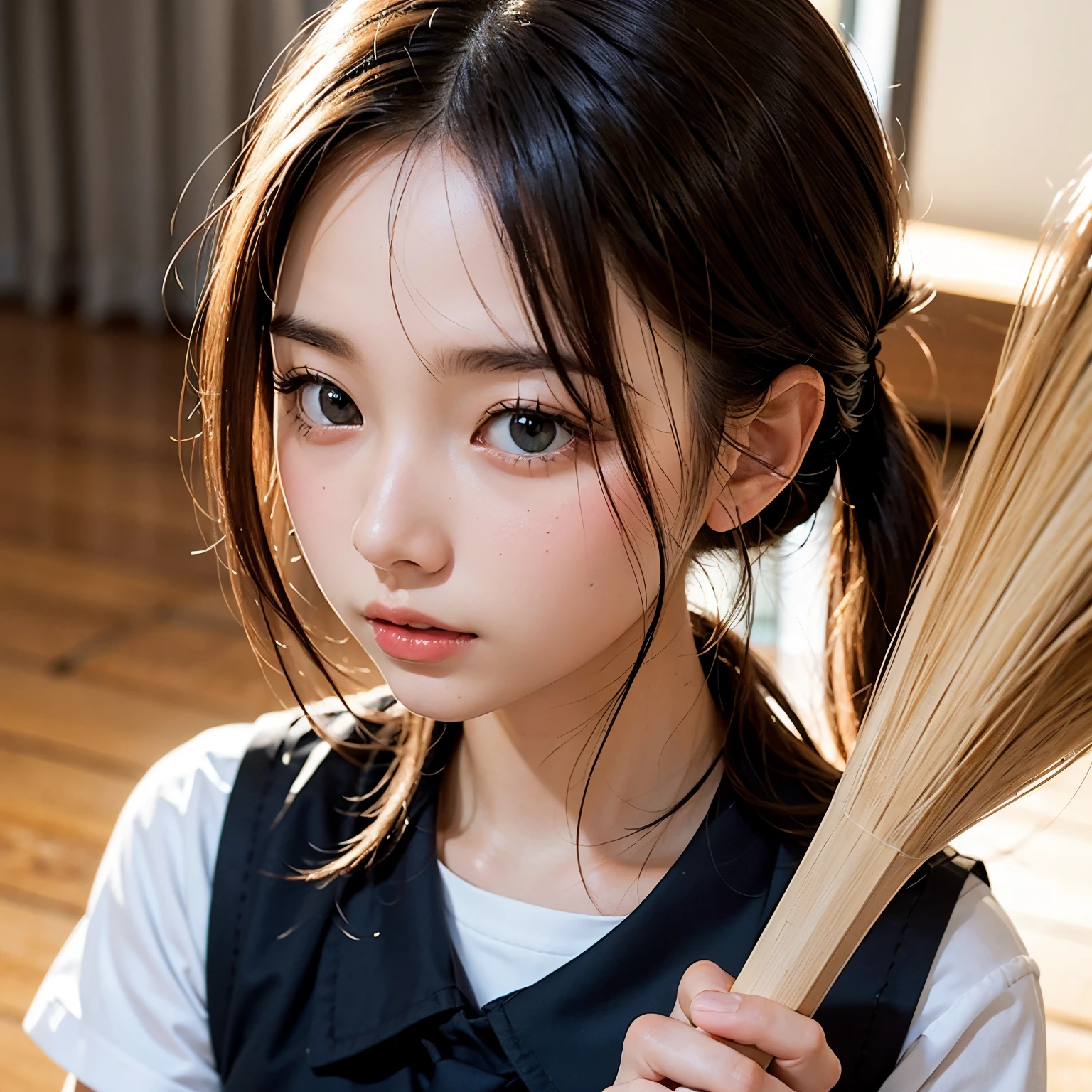 (masutepiece, Best Quality:1.2), 8K, Official art, Raw photo, Full Bord Bill Four、校服、Prepare a broom and duster、Sweep the landscape、Wear with a broom、Beautiful breasts are thin、years、small tits、unbelievable Ridiculous, (Upper body、校服:1.4), Beautiful Girl, Pretty Face, arching back down,、Gold hair ornament on hair、close up, Sailor Suit, Short sleeve, violaceaess, Teen, Looking at Viewer, Film grain, chromatic abberation, Sharp Focus, face lights, Dynamic lighting, Cinematic lighting, Eyes and faces with detailed, Bokeh background,