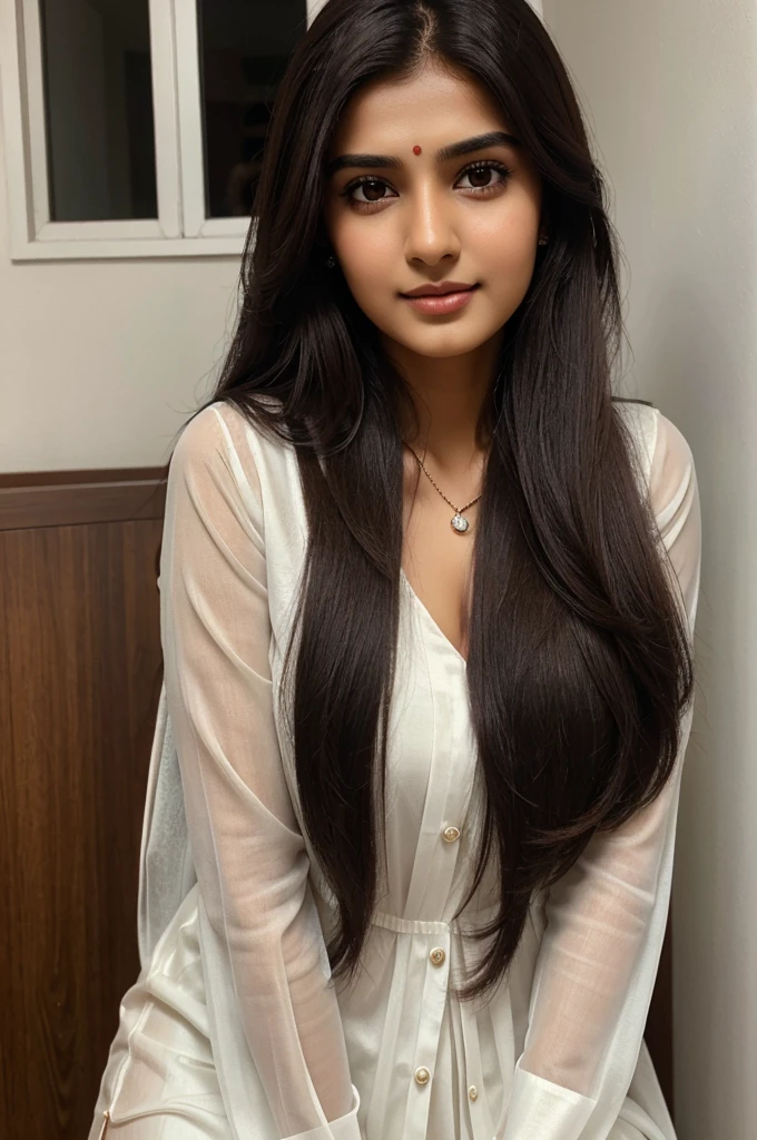 Beautiful ,23 years young girl,confident looking,8k,realistic,dark brown hair,fair skin, indian,long hair,clear facial features, wearing white dupatta and black kurti,