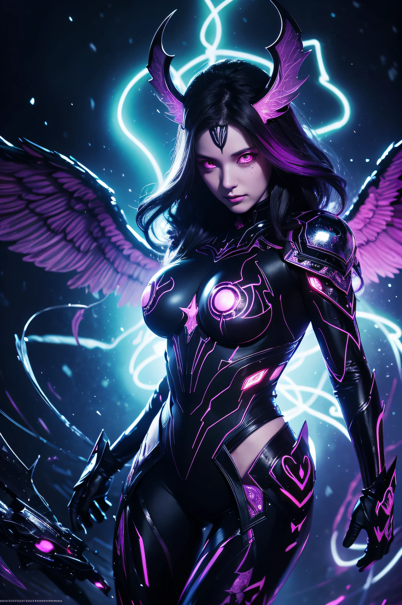 Cosmic Fallen Angel, Glowing light eyes, Dark fentezi, Neo-rendering,eldritch, Creepy, nightmarish, Very bright colors, light particles, with luminous light, Mshiff, Wallpaper Art, UHD wallpaper, slaanesh, seductive