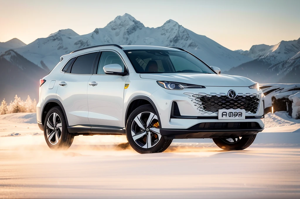 Close-up of a white car with black and yellow license plates,Snow-capped mountains in the background,(Does not change the appearance of the car,shape,the detail),High definition,8K