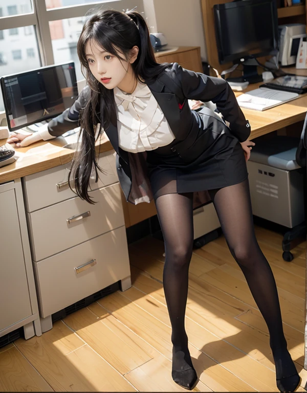 Professional Dress，100D black hip socks，blackstockings，black pantyhoses，Thick black stockings，Colossal tits，hip is cocked，super detailing，hyper HD,A high resolution,1080p,Anatomically correct，Acura，body coordination，Portrait photos，Delicatemakeup，slender thigh，Best quality, tmasterpiece, 超A high resolution, RAW photos, Beautiful and beautiful,deepshadow, (realistically:1.4), full-body composition, Striking perspective