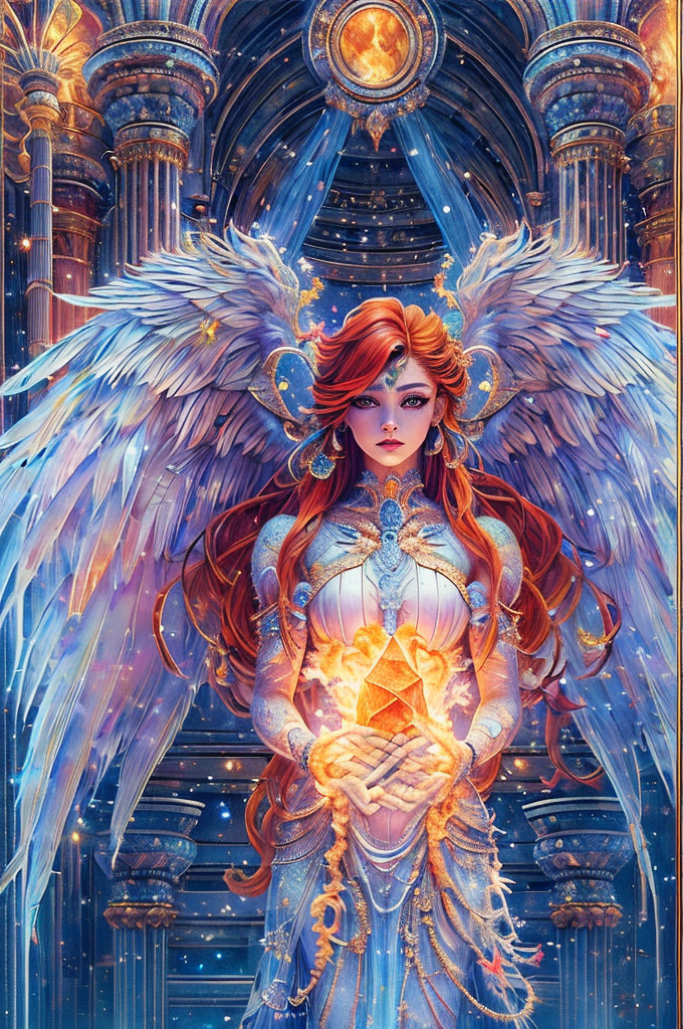 fantasy art, RPG art, icestyle a picture of an (ice sculpture: 1.5) (ultra detailed, Masterpiece, best quality: 1.4) of an (icy: 1.4) female angel (ultra detailed, Masterpiece, best quality: 1.3) spread angel wings angel_wings (ultra detailed, Masterpiece, best quality: 1.3) made from ice, fiery halo red fire, flame hair, fantasy temple background best quality, 16k, [ultra detailed], masterpiece, best quality, (ultra detailed), full body, ultra wide shot, photorealistic