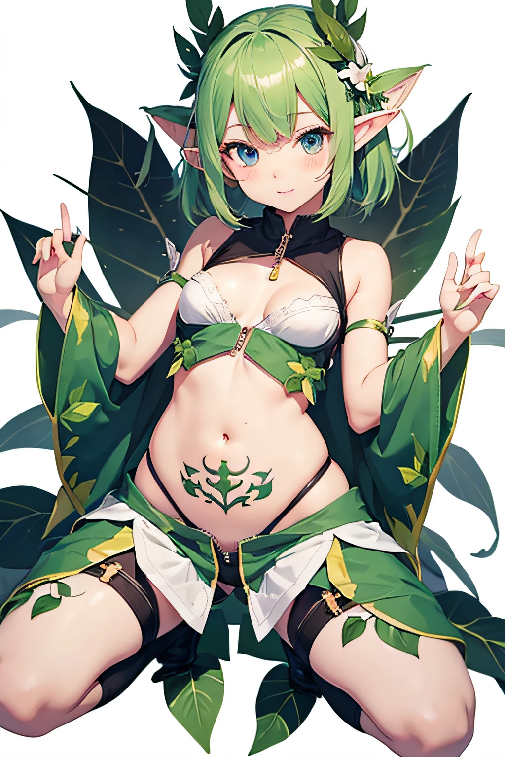 kawaii, girl, full body, white background, with leaf spirit, shorts, elf, open zipper of shorts, hentai, panties, belly button, crotch tattoo