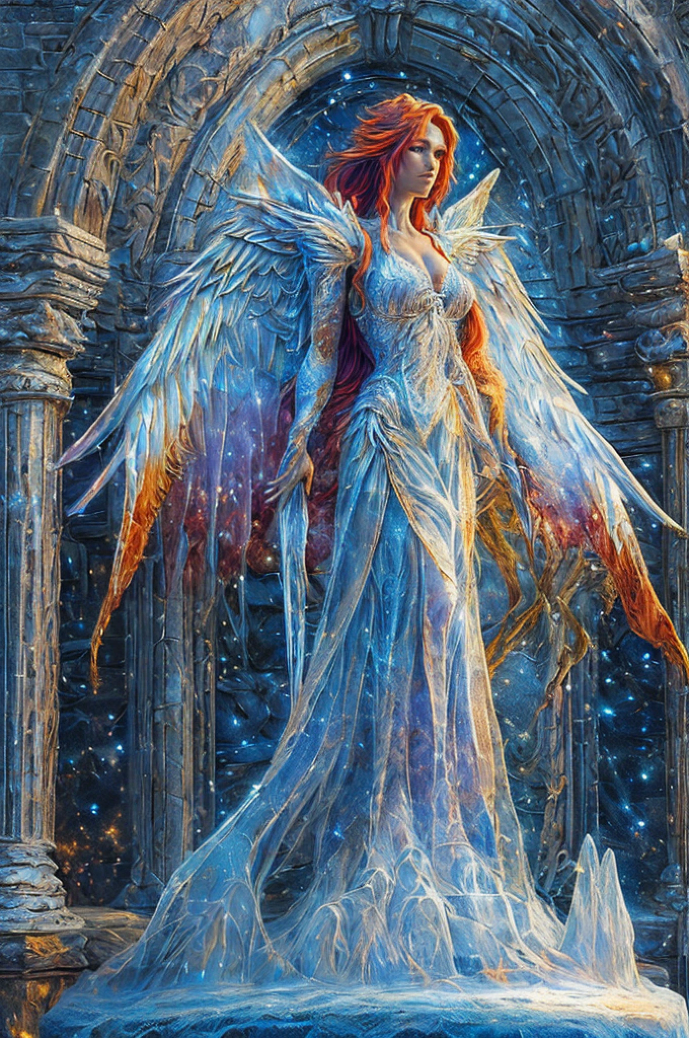 fantasy art, RPG art, icestyle a picture of an (ice sculpture: 1.5) (ultra detailed, Masterpiece, best quality: 1.4) of an (icy: 1.4) female angel (ultra detailed, Masterpiece, best quality: 1.3) spread angel wings angel_wings (ultra detailed, Masterpiece, best quality: 1.3) made from ice, fiery halo red fire, flame hair, fantasy temple background best quality, 16k, [ultra detailed], masterpiece, best quality, (ultra detailed), full body, ultra wide shot, photorealistic