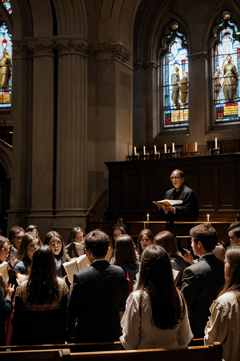 In a classical church, the soft sunlight gently illuminates a young choir composed of boys and girls. They are positioned at the altar, dressed in traditional attire, holding sheets of sacred music. Their animated faces reflect a passion for music, and their harmonized voices fill the sacred space. The choir, led by an inspiring conductor, creates an atmosphere of celebration and spirituality, while the imposing architecture of the church adds a classical and reverent aura to the scene.