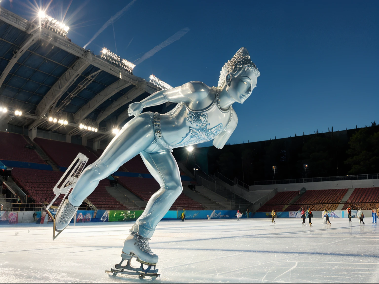 (ice statue:1.1) of skating Buddha, running, sports photo, speed skating, skating track, icy stadium, motion blur, Olympic games