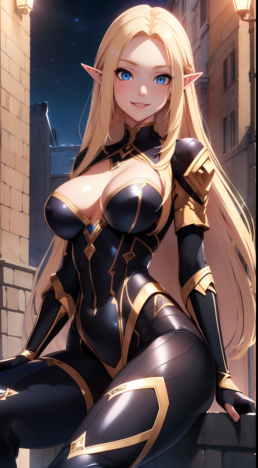 best quality, masterpiece, 1girl, raytracing, ultra detailed,detailed face, 8k wallpaper, (wide hips:1.2), AlphaNDV, 1girl, blonde hair, blue eyes, medium breasts, very long hair, elf, pointy ears, black bodysuit, outdoor, night, sitting, on wall, from below, smile
