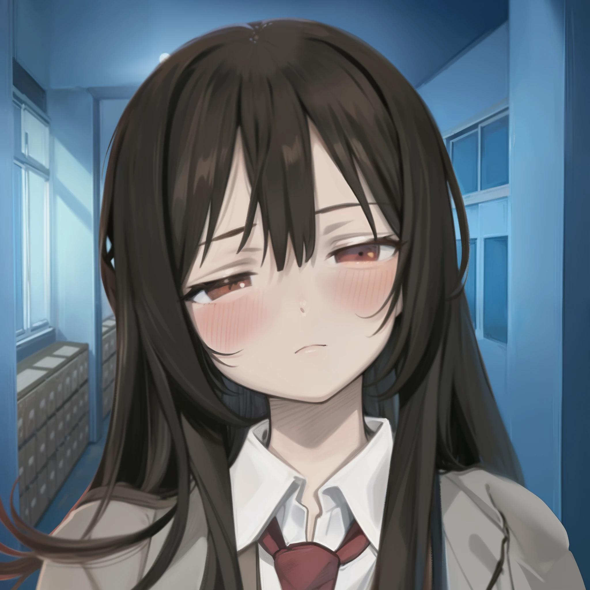 hiquality, tmasterpiece (one girls) Narrow mouth. brown-hair. indifferent face. pale skin. beige jacket. white shirt with red tie. Brown eyes. Against the background of the school corridor.