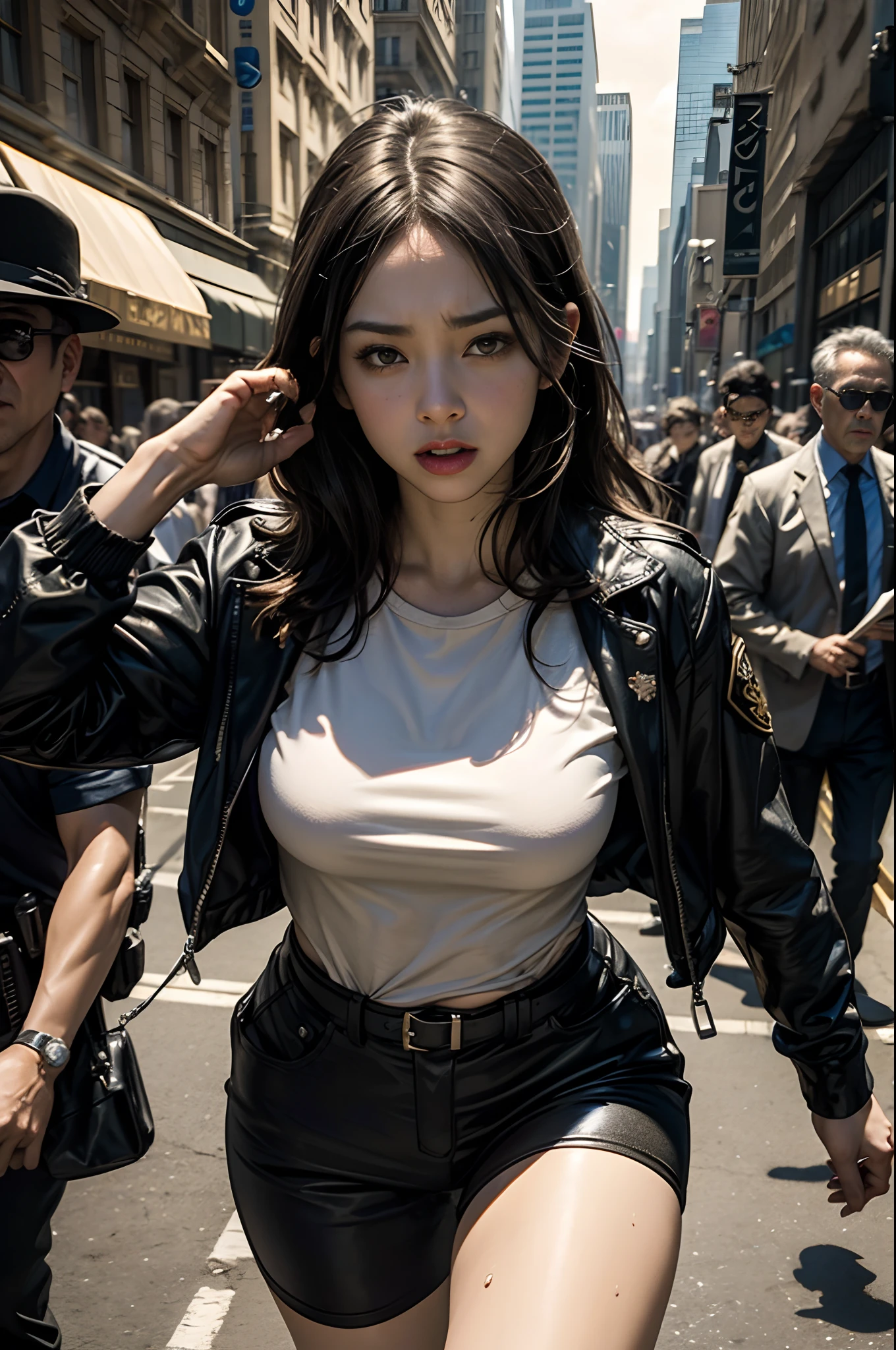 the met、(((Female Detective)))、chasing the criminal、((Desperate face))、((exclamation))、Running、Sweat flows、Cuffed、Batons、