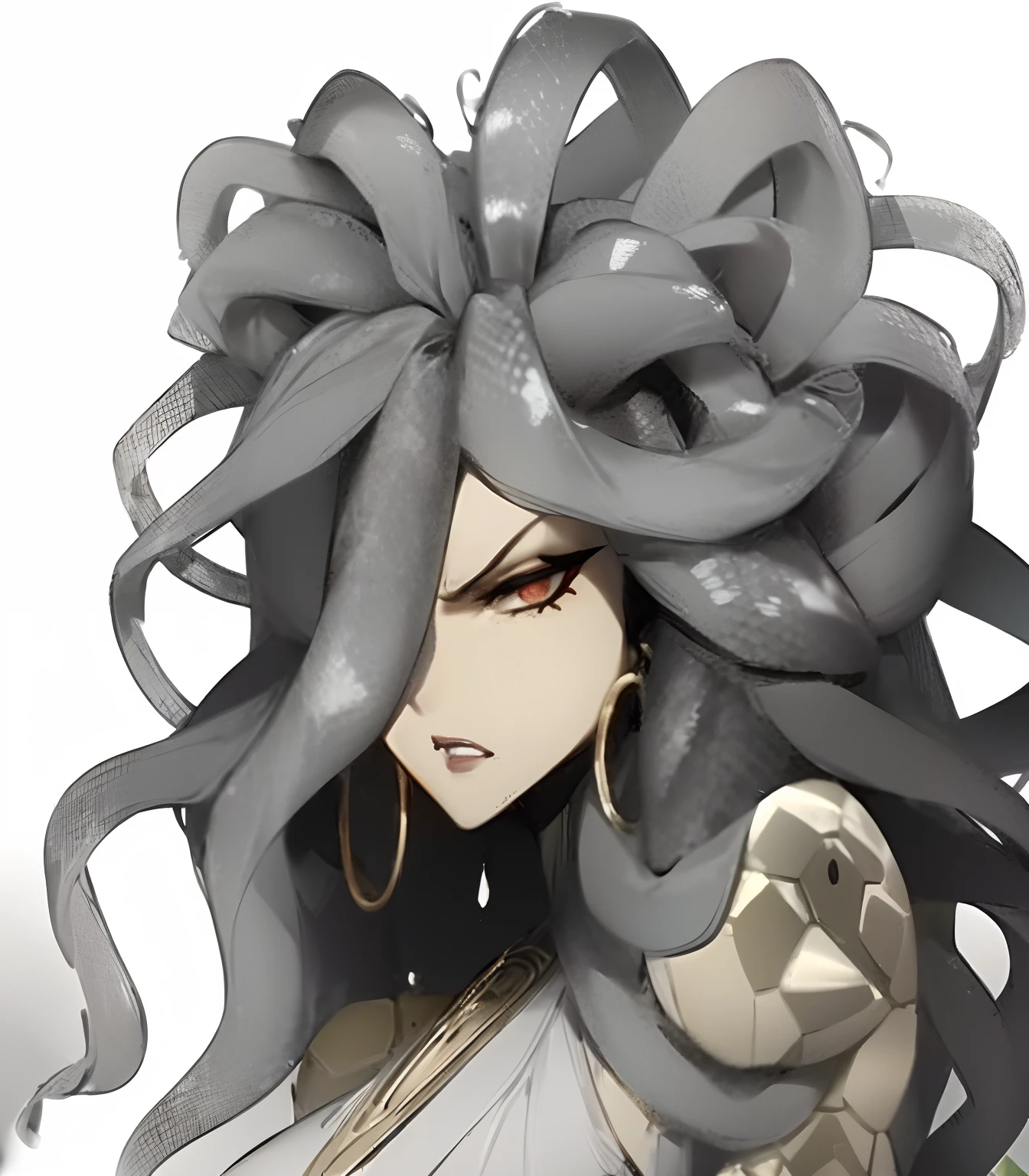 anime character with snake tentacles in her hair and a white toga, fine details. anime. tentacles, very angry medusa, fmale medusa, female medusa long hair, fierce medusa, medusa, portrait of mature medusa, beautiful female gorgon, gorgon, beautiful snake woman, tentacles around, snakes for hair, snake scales,snake tail, lamia, portrait of medusa,albino,gold loop earings,pale skin, albino skin,white snake tails,white snake tendrils, shiny scales,4k,masterpiece,ufotable screenshot, snakes,scales, snake tails