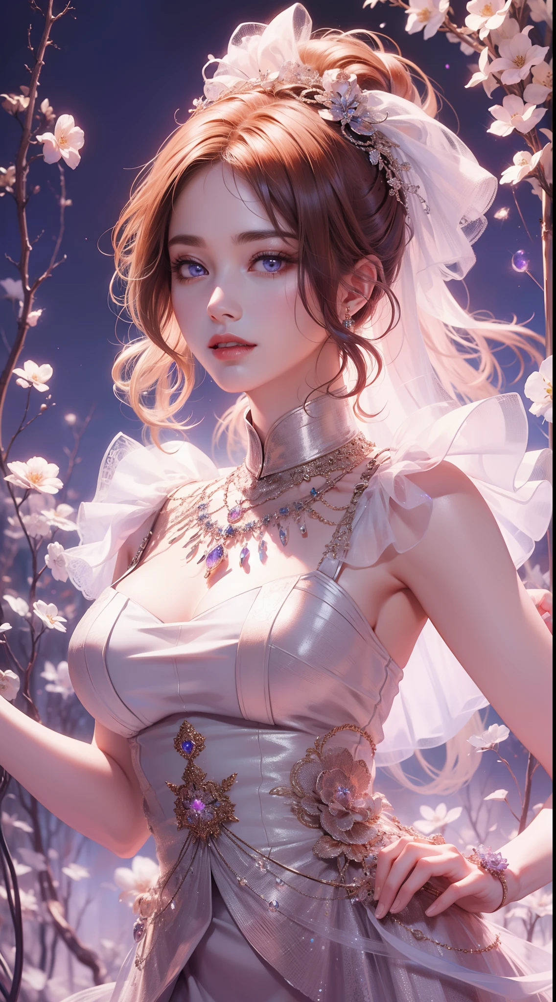 (best quality, masterpiece, Highres, 1girl, blush, (seductive smile: 0.8), star-shaped pupils, necklace, jewelry, pretty face, upon_body, tyndall effect, photorealistic, studio dark, edge lighting, two-tone lighting, (high detailed skin: 1.2), 8k uhd, dslr, soft lighting, high quality, volumetric lighting, candid, portrait, hd, 4k, 8k, bokeh, beautiful dress), rococo style