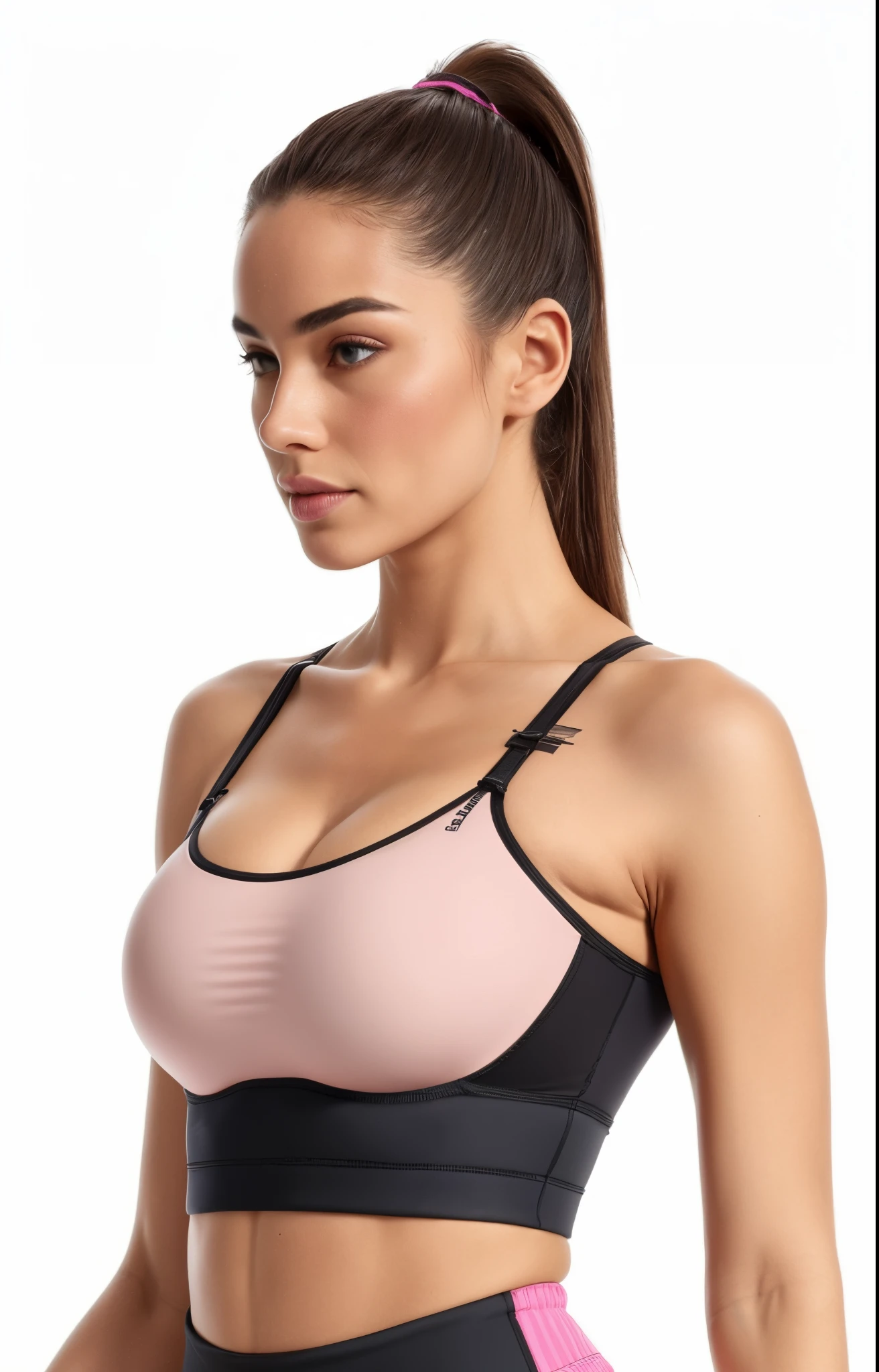 a woman in a pink and black sports bra, Esporte bom, brassier, sports bra, sport bra and shirt, Titular Top, Bralette, sport bra and shorts, Topo de colheita, detailed sports bra, Titular Top, tight push up bra, Top de cabresto rosa, luz natural suave, topo de corte, very tight small push up bra, forma tonificada, in a bra