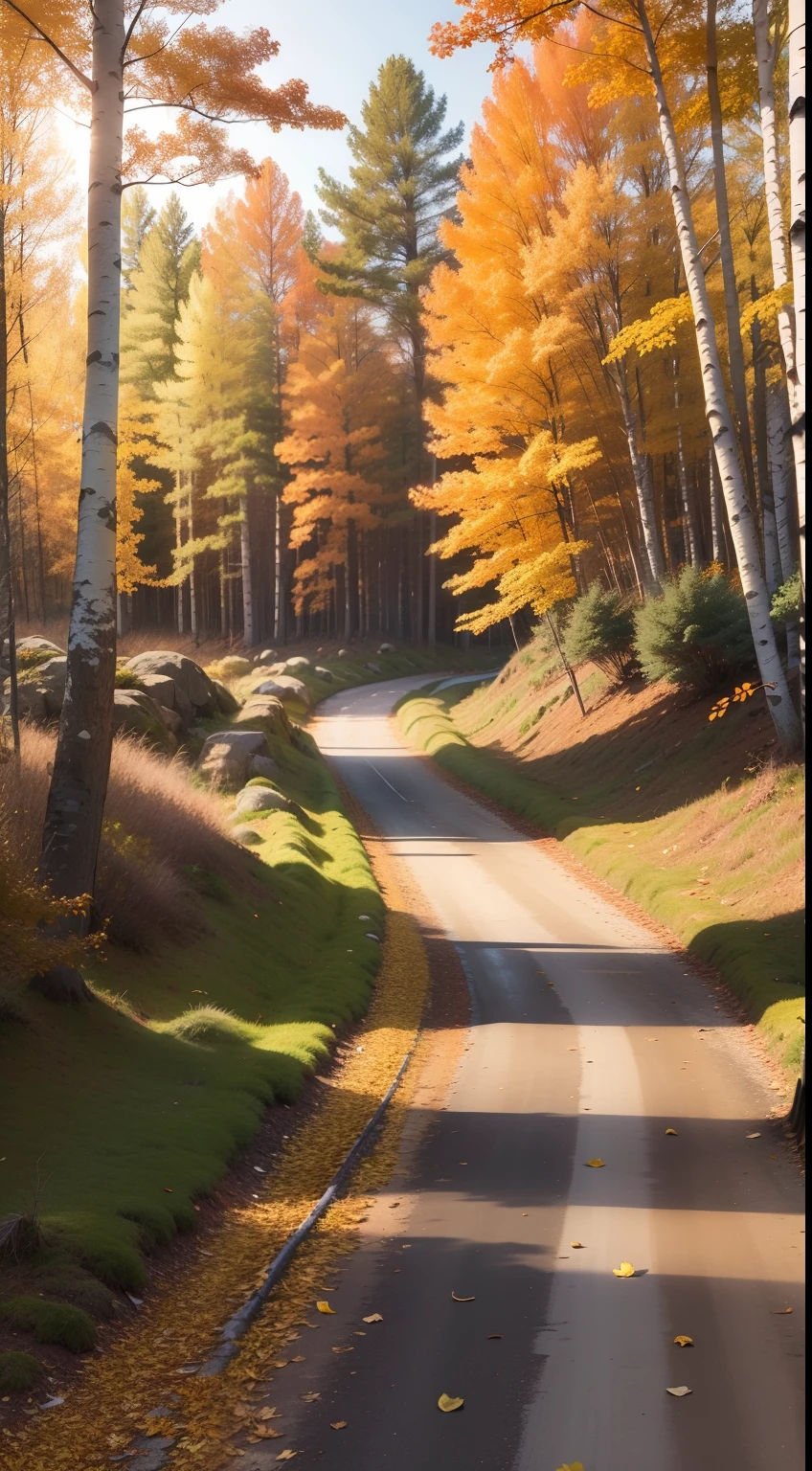 morning glow，autumnal, See the sunrise ahead，Light is seen ahead，In the woods,Birch,White bark, Yellow leaves,The ground is covered with fallen leaves,  There are small squirrels on the ground，Boardwalk, Natural scenery, real footage, Camera shot,f/1.2 Wide angle lens,Low camera position, --Q 2