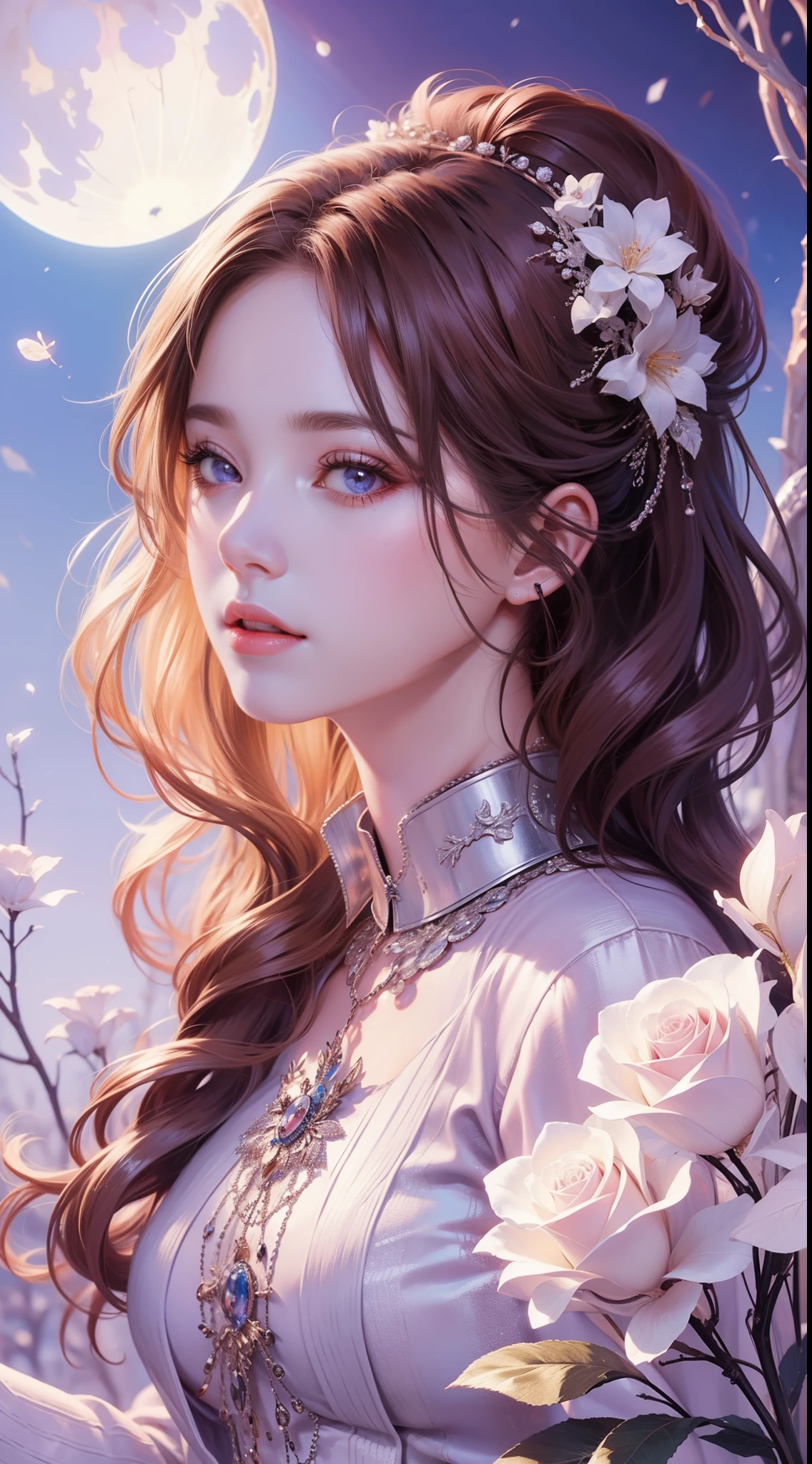 tmasterpiece,Highest high resolution,((themoon)),Dynamic bust of a beautiful aristocratic maiden,elegantly coiled brown chestnut hair,Purple clear eyes,Hair is covered with beautiful and delicate floral craftsmanship, Crystal Jewelry Filigree,Ultra-detailed details,upscaled,The Earth Rises。