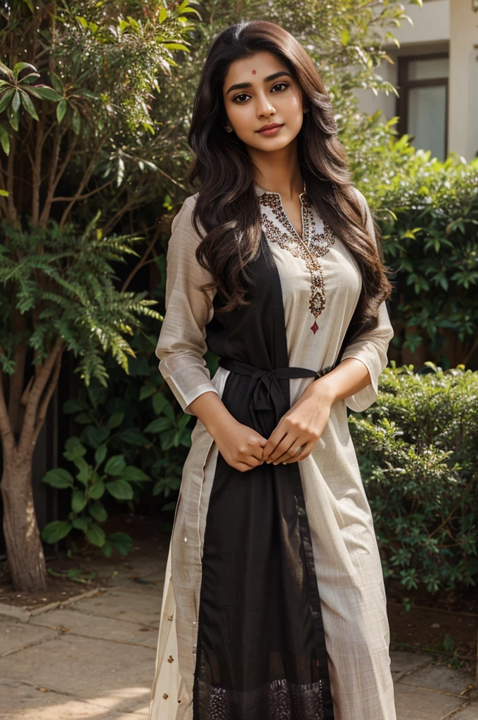 Beautiful ,23 years young girl,confident looking,8k,realistic,dark brown hair,fair skin, indian,long hair,clear facial features, wearing black dupatta and  kurti,