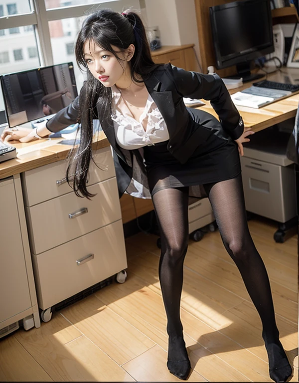 Professional Dress,100D black butt socks,blackstockings,black pantyhoses,Thick black stockings,Colossal tits,hip is cocked,super detailing,hyper HD,A high resolution,1080p,Anatomically correct,Acura,body coordination,Portrait photos,Delicatemakeup,Slender thighs,Best quality at best, tmasterpiece, 超A high resolution, RAW photogr, Beautiful and beautiful,deepshadow, (realistically:1.4), full-body composition, Striking perspective