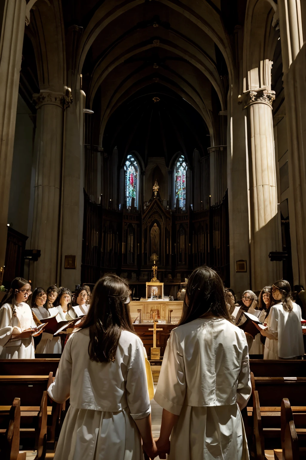 3 females 6, 10 and 14 years old female from Germany with blonde hair and skinny body kneel down next to each other  in front of an altar in a church fully nude wearing an open robe. 