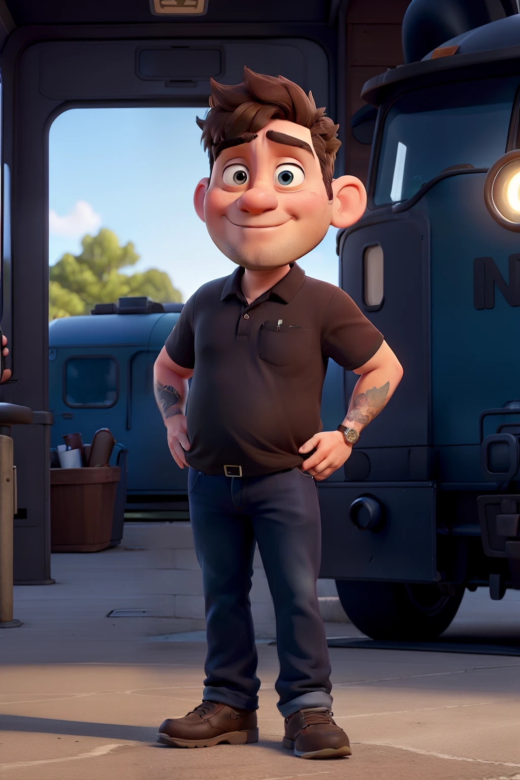 an adult with fat belly, dark brown hair, blue almond eyes, large forehead, large double chin, thin to medium lips, medium nose, large ears, no beard. standing with arms crossed, with tattoos on his forearm. He is wearing a black polo shirt and dark blue jeans. Behind him is a train