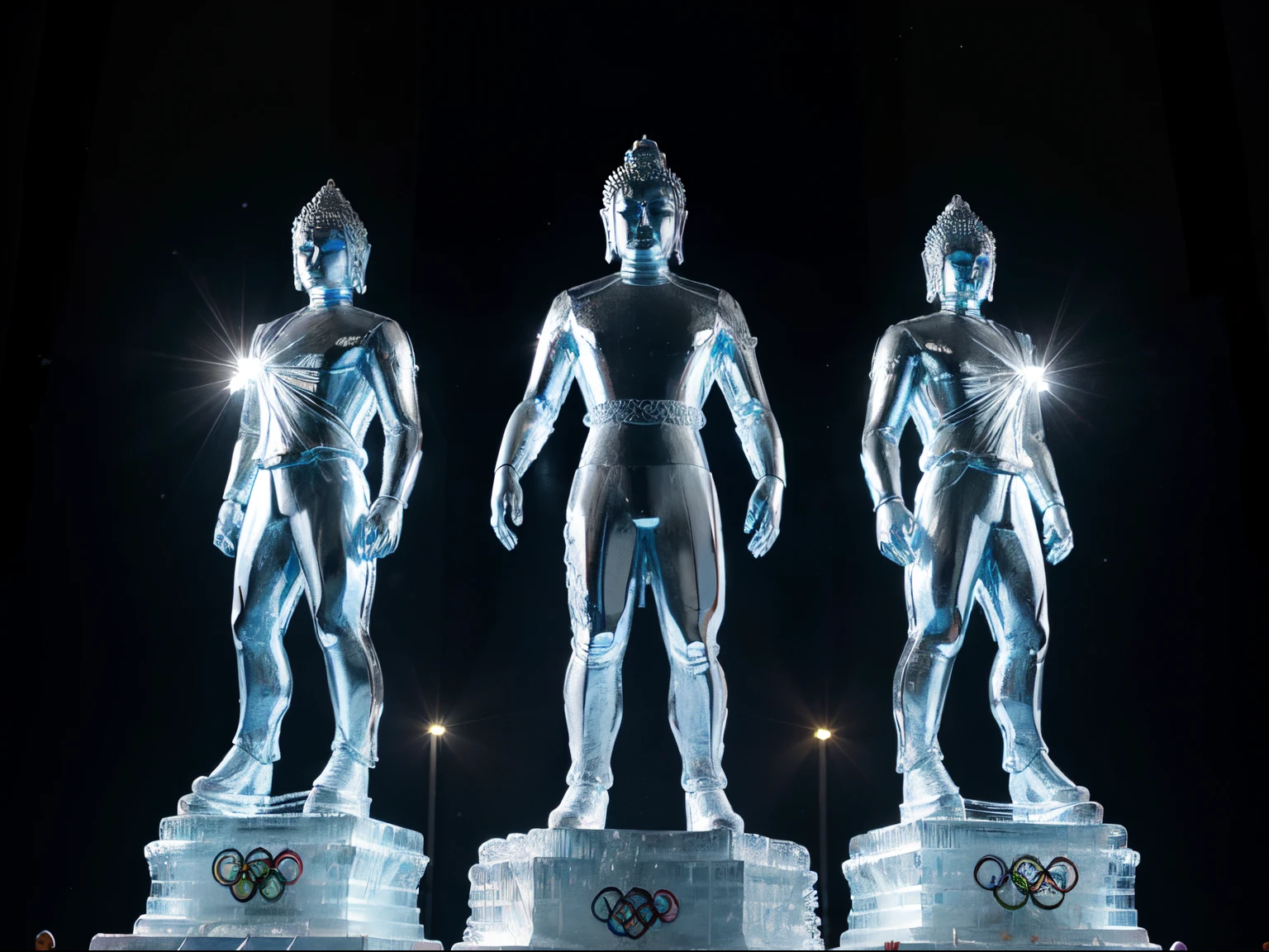 (multiple ice statues:1.1) of Buddha, standing on winners' podium, Olympic games