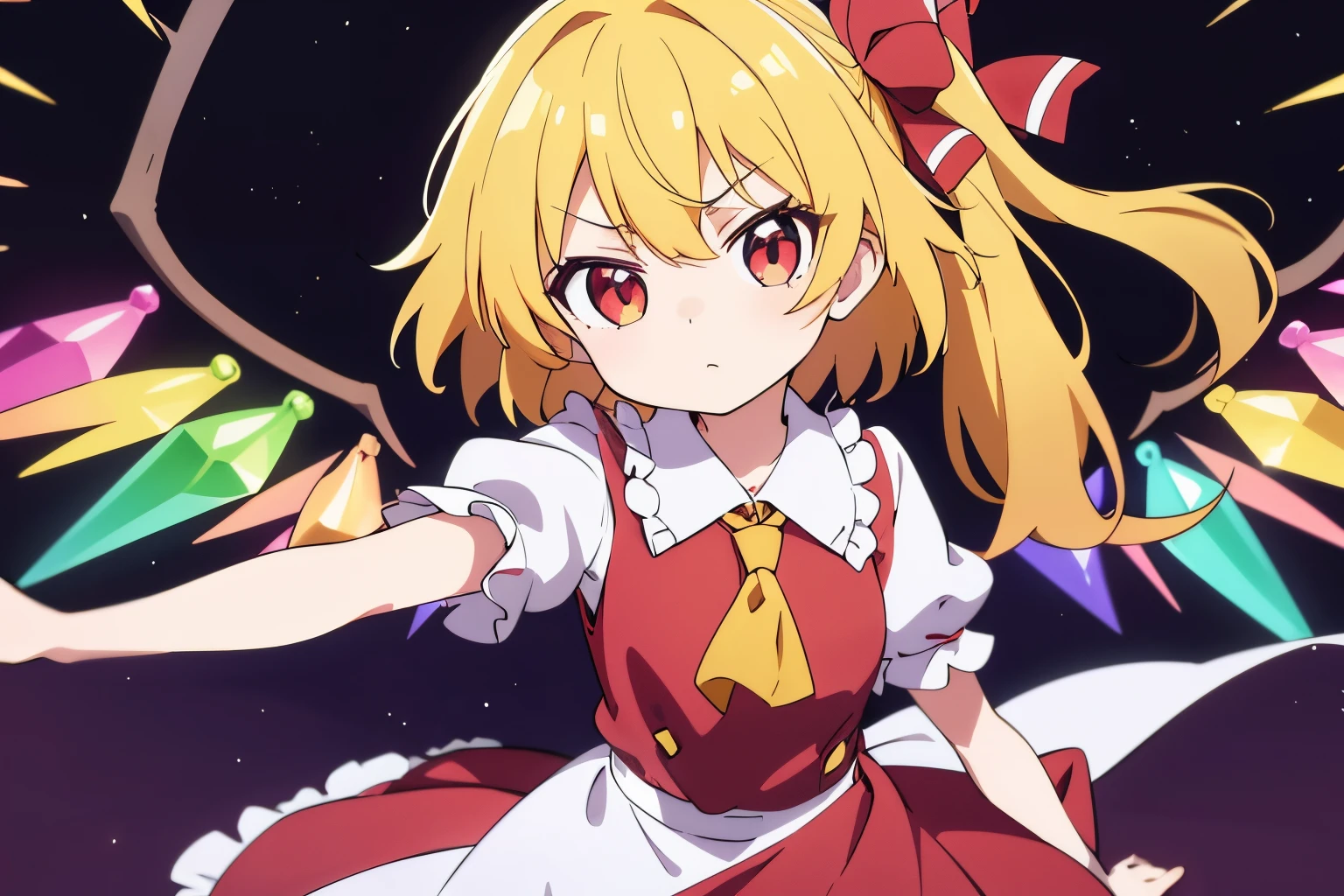 anime style、masterpiece、highest quality、one girl、solo、(eye highlights)、（Flandre Scarlet）、scared look、open your mouth、tears、simple background
