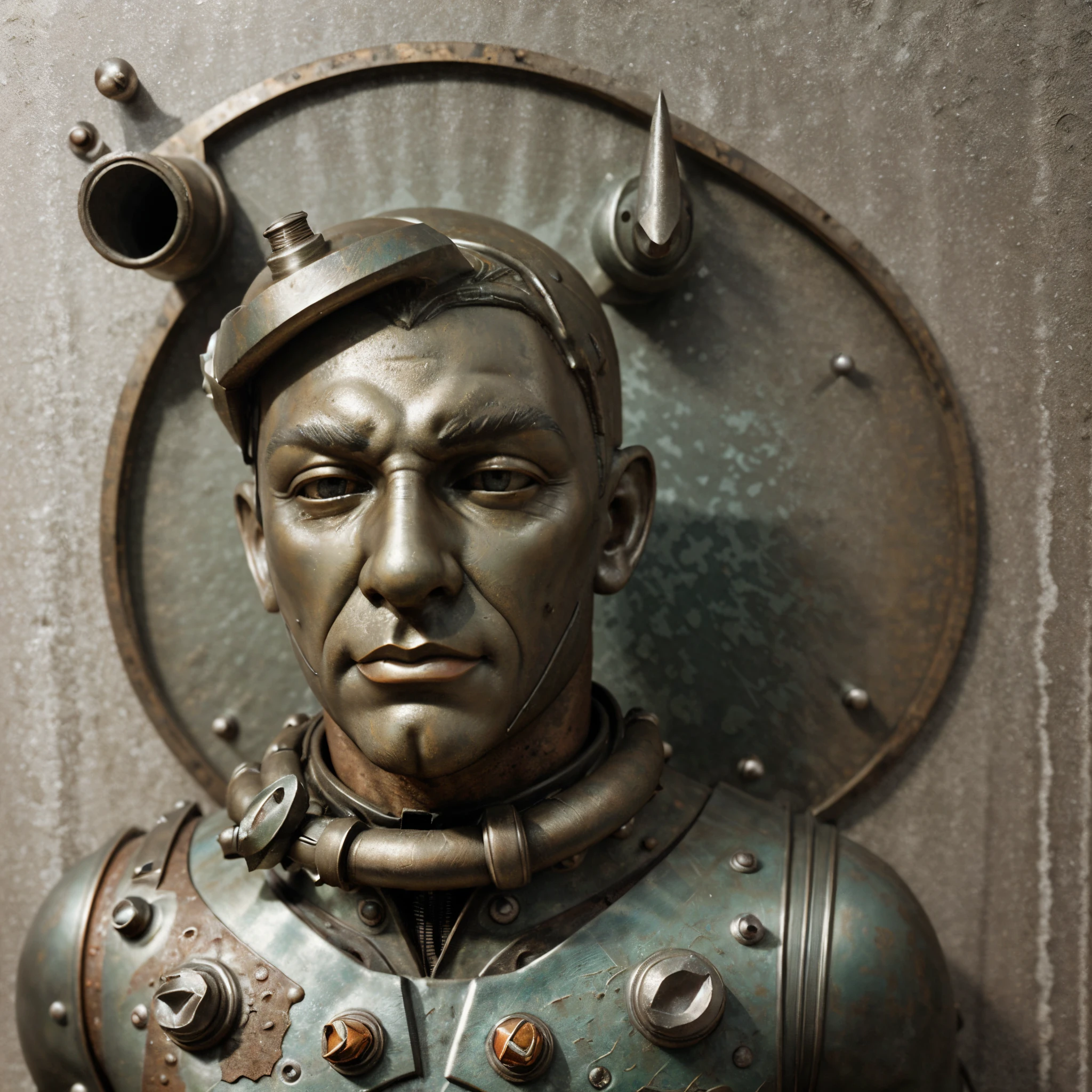 a 3d man in bolt and rivet art on dusted and rust metal with rustic Algae
