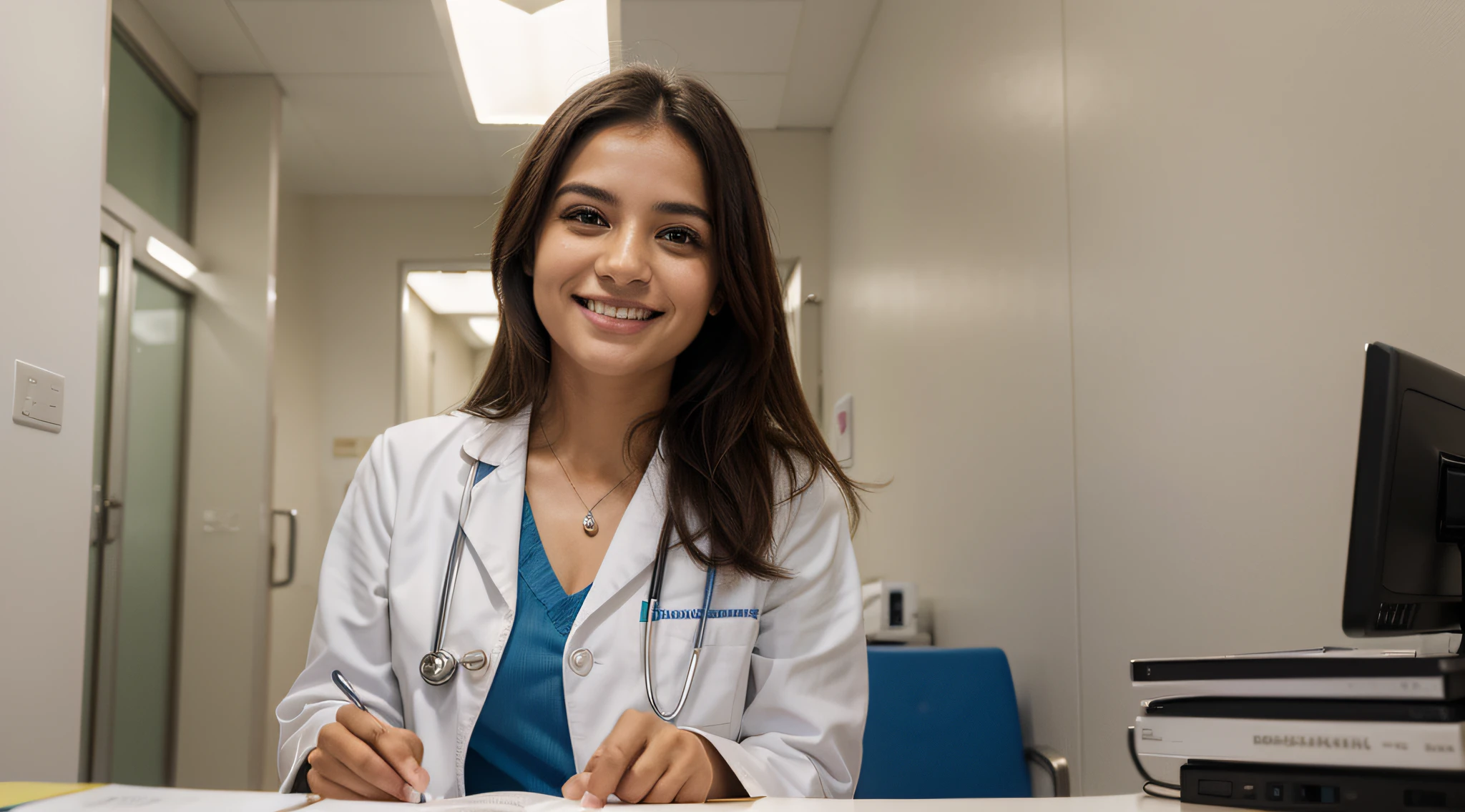 Gerar uma imagem com foco apenas no rosto de uma estudante de medicina brasileira. Ela tem um brilho, sorriso confiante no rosto, irradiando otimismo e profissionalismo. His expression exudes the determination and excitement of a medical student. O fundo mostra um ambiente limpo e moderno, Typical of a prestigious medical institution, with a warm and pleasant atmosphere