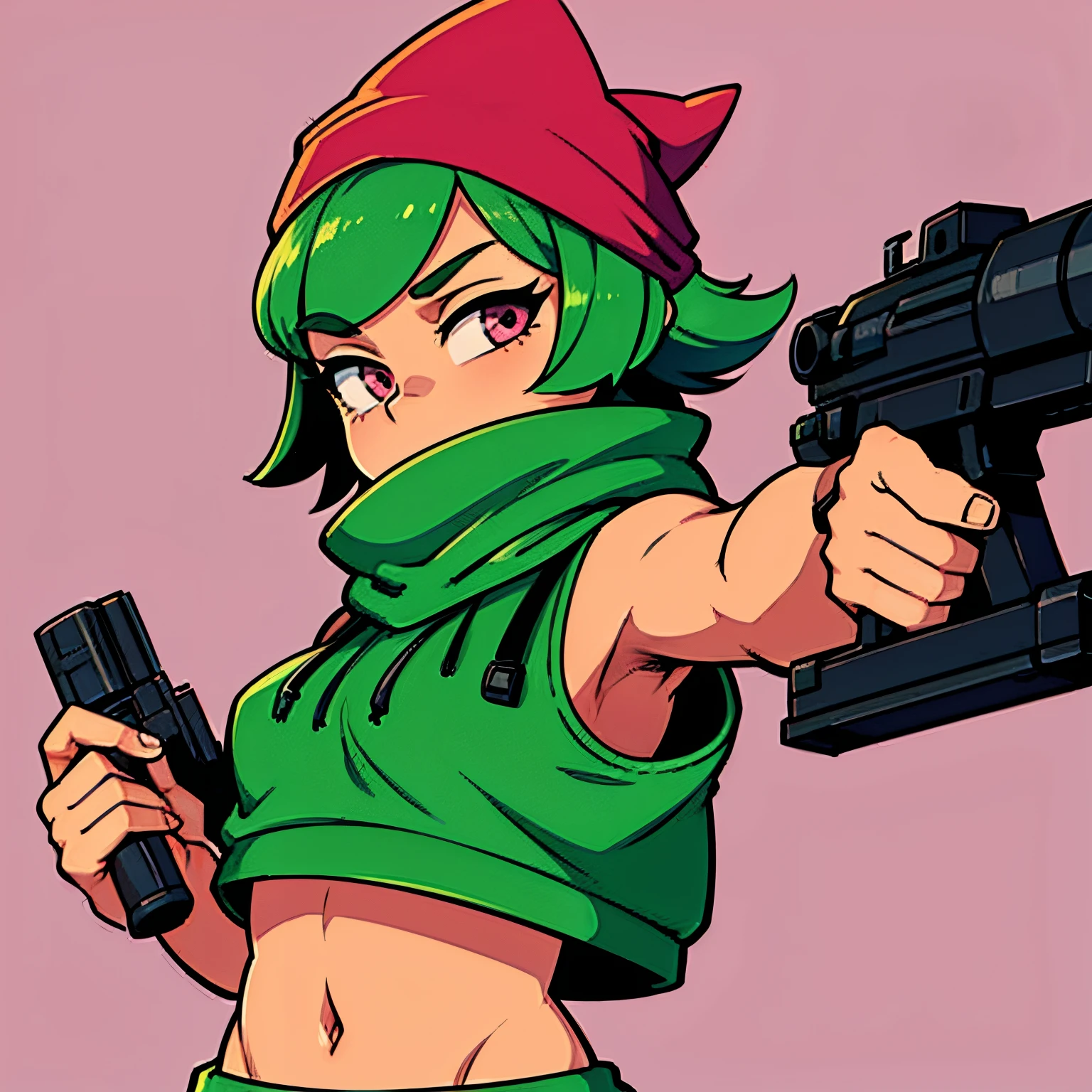 anime female short green hair pink eyes wearing a green bandana rag covering mouth and hoodie gangster style holding a weapon gun machine gun no background
