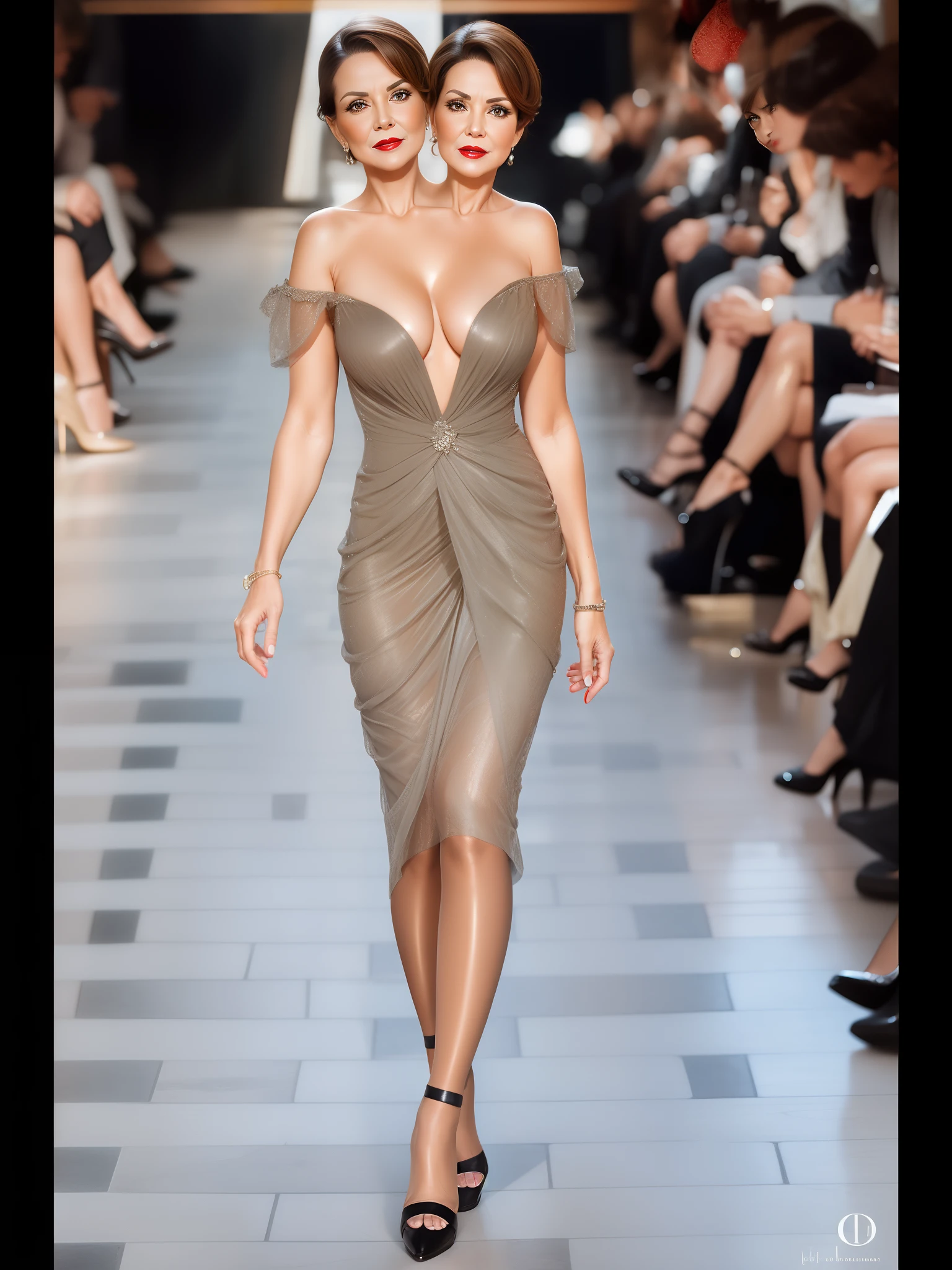 2 heads,Portrait of a 60-year-old woman with short brown hair, a captivating gaze, Brown eyes, Wrinkles on her face, Black pantyhose,high heels boots,Revealing her large sagging breasts, Light makeup and red lips. 32K