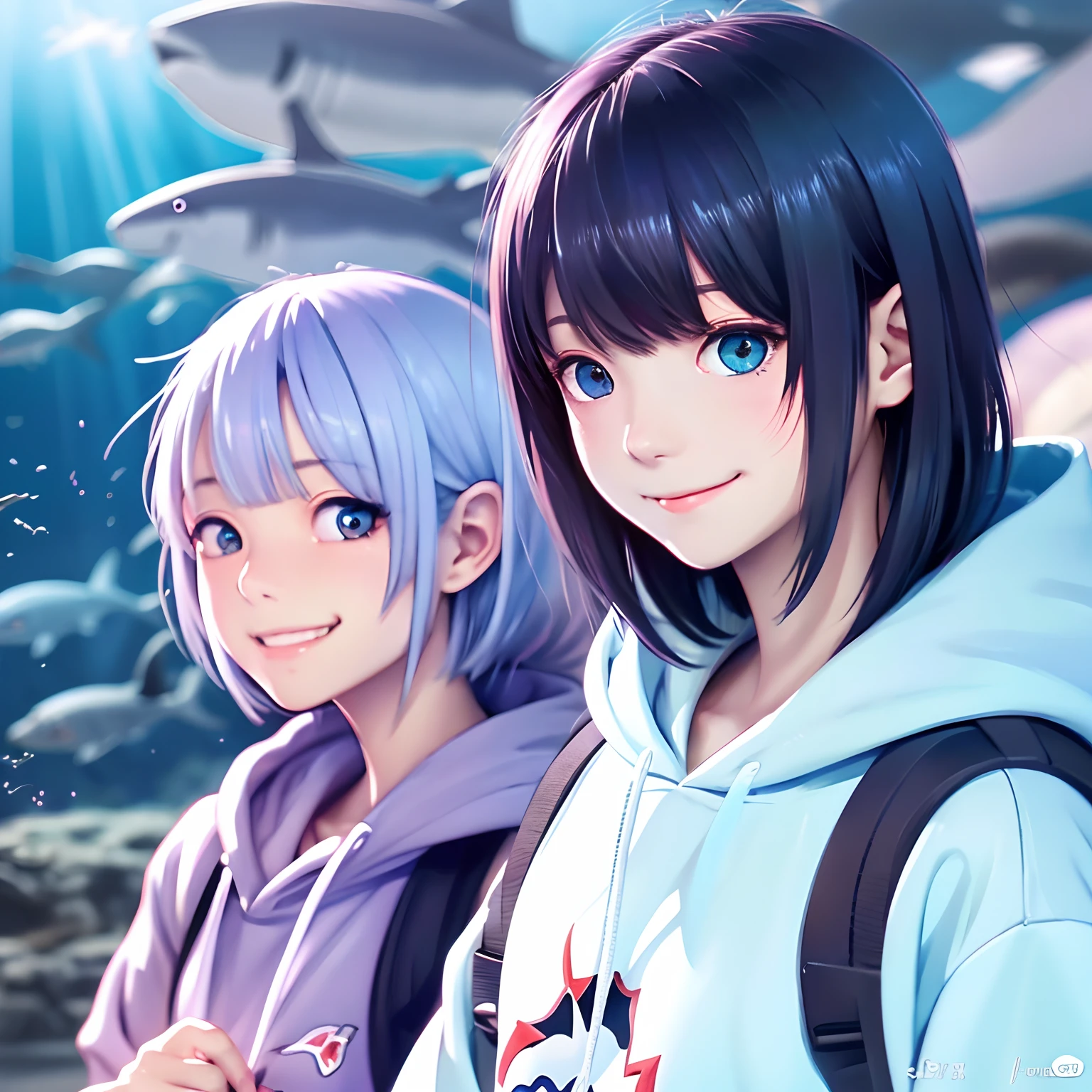 (high-level image quality)Japan anime style、Anime Paintings、illustratio、soio、a beauty girl、Light blue shorthair、Beautiful purple eyes、innocent smiles、wearing hoodies、Carrying a backpack、Watching sharks in a dimly lit aquarium