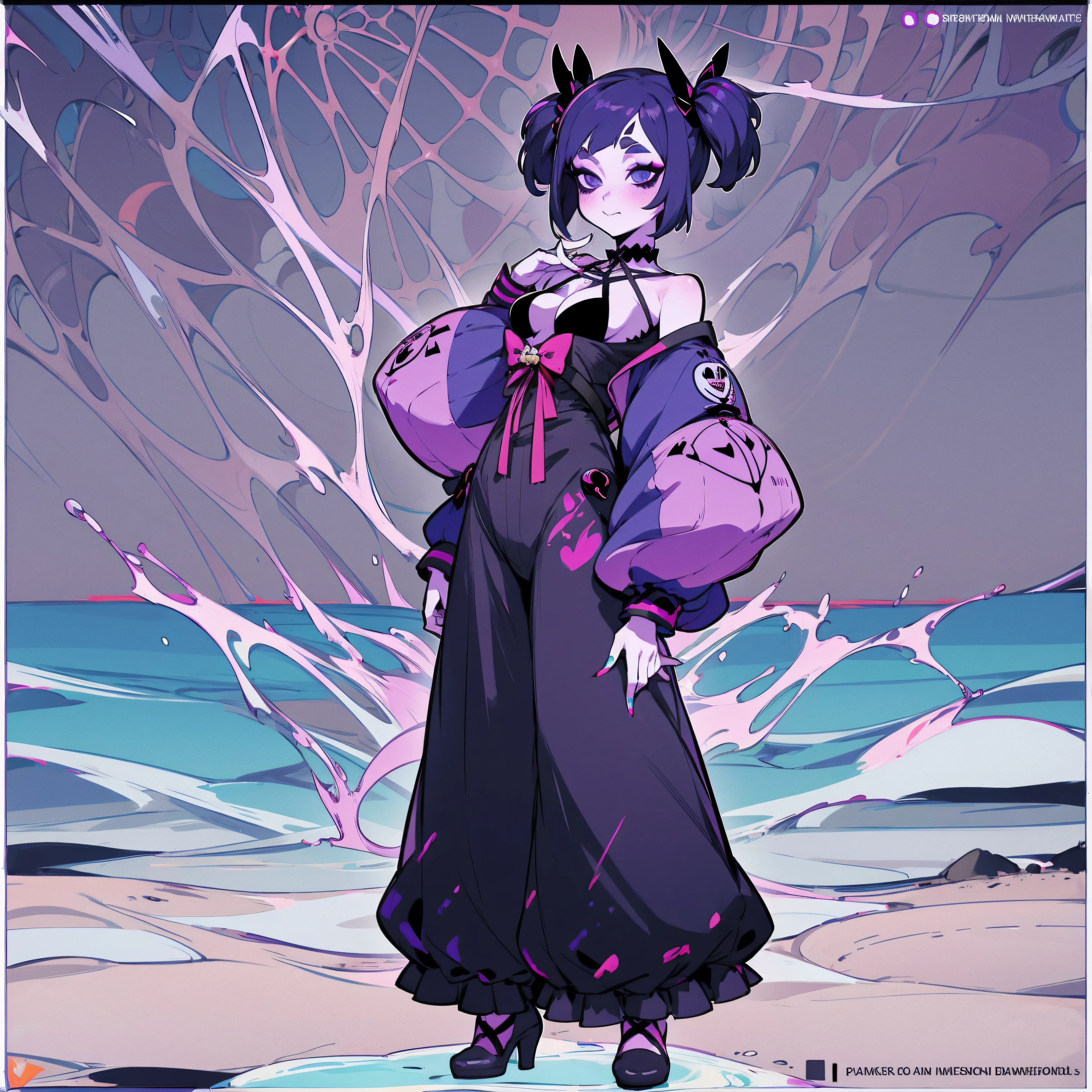 Muffet，jk style，bags under eyes,eyeliner,makeup，Full body standing painting，Purple skin，goth girl，dressed indecently，beach sexy bikini，down jacket，Full body standing painting，Two-dimensional anime style，