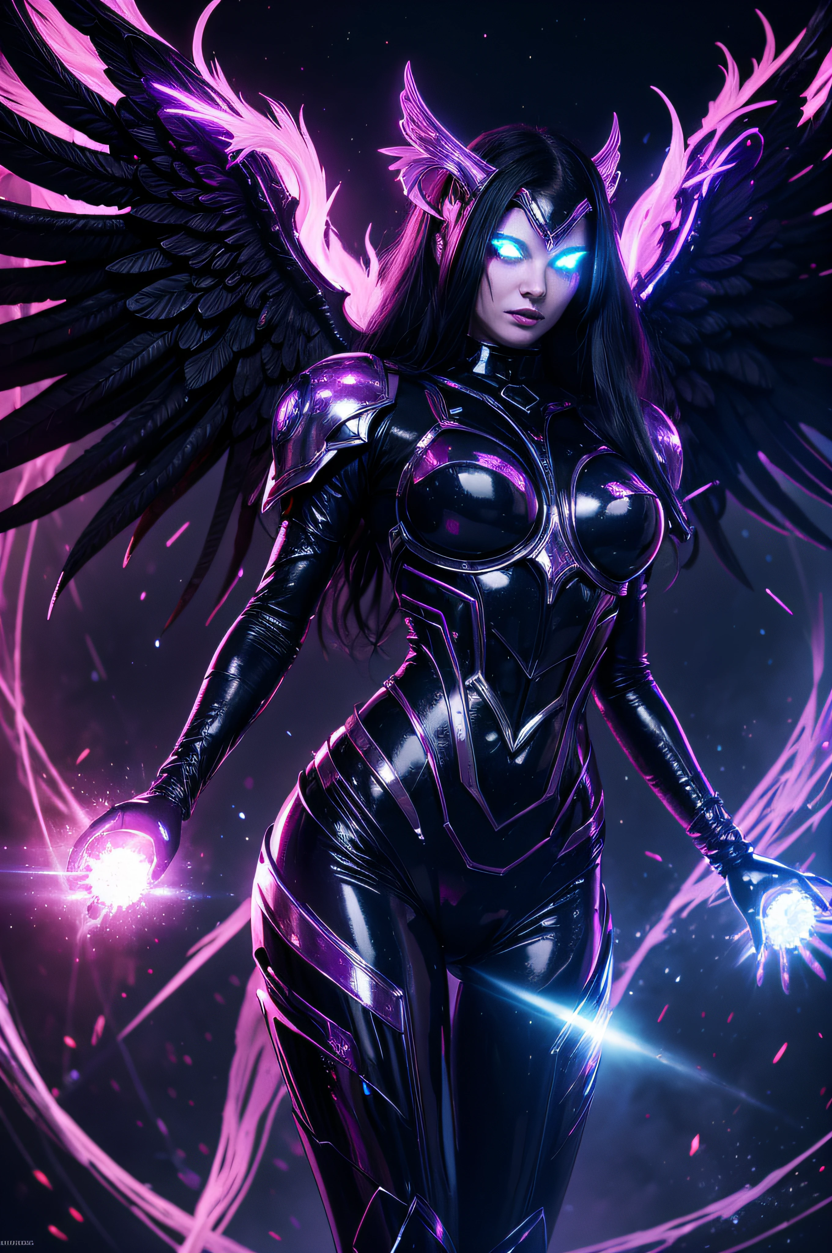 Cosmic Fallen Angel, Glowing light eyes, Dark fentezi, Neo-rendering,eldritch, Creepy, nightmarish, Very bright colors, light particles, with luminous light, Mshiff, Wallpaper Art, UHD wallpaper, slaanesh, seductive