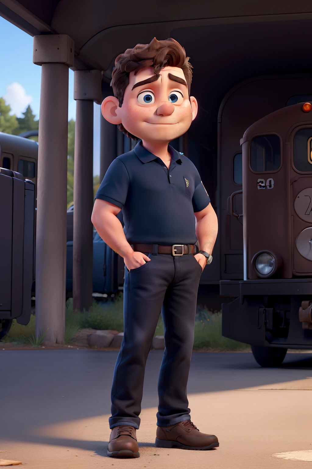 a chubby adult, dark brown hair, blue eyes, big forehead and no beard. standing with arms crossed, with tattoos on his forearm. He is wearing a black polo shirt and dark blue jeans. Behind him is a train