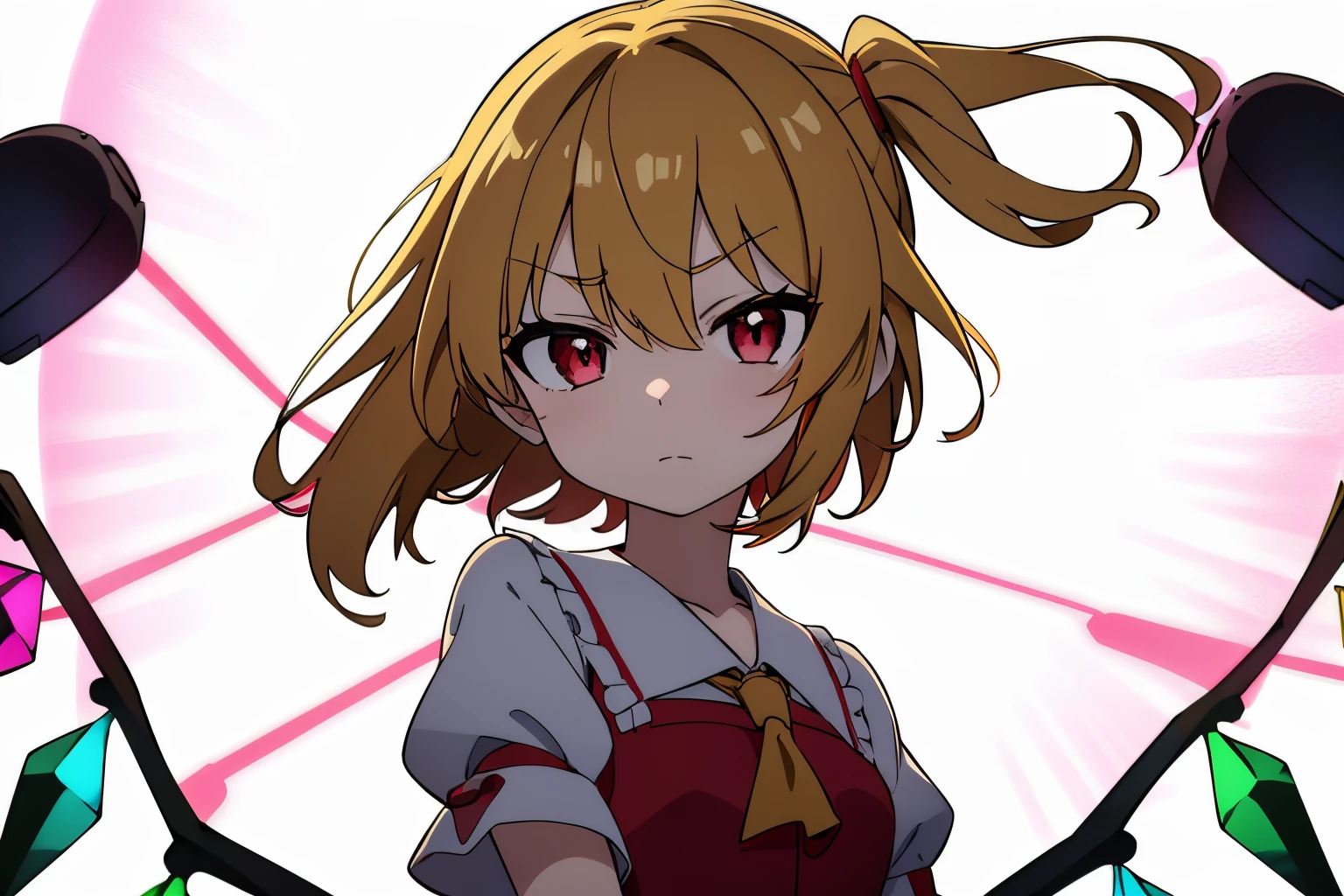 Anime style、Best Quality, 1girl in, Solo, (Flandre Scarlett staring at camera)、From upper body up、美丽的面容、Laugh、((Short sleeves))、Petite、childish、Dress style shirt、is standing、Luminescent、serious faces、with a pure white background