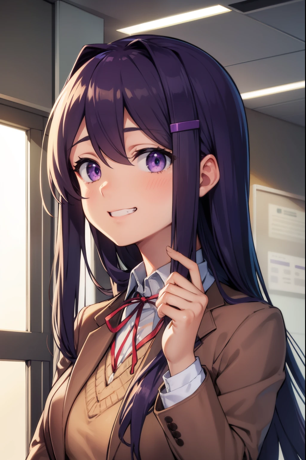 ddlcyuri, ddlcyuri, hair ornament, hairclip, long hair, (purple eyes:1.1), purple hair, grin, smile, hair over eyes,
BREAK blazer, blouse, blue skirt, jacket, (brown jacket:1.5), miniskirt, neck ribbon, ribbon, school uniform, shirt, skirt, white shirt, wing collar,
BREAK looking at viewer,
BREAK indoors, classroom,
BREAK (masterpiece:1.2), best quality, high resolution, unity 8k wallpaper, (illustration:0.8), (beautiful detailed eyes:1.6), extremely detailed face, perfect lighting, extremely detailed CG, (perfect hands, perfect anatomy),