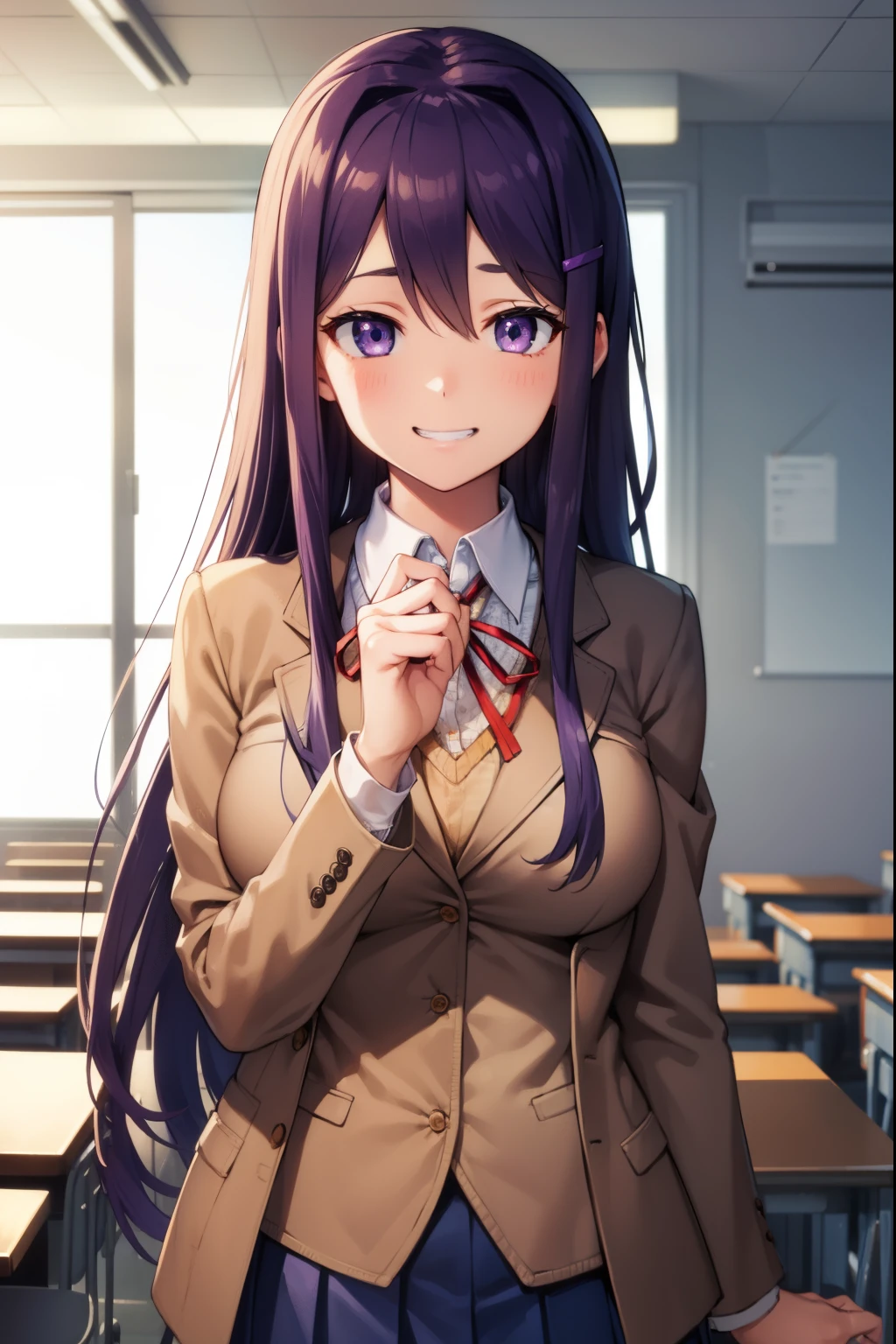 ddlcyuri, ddlcyuri, hair ornament, hairclip, long hair, (purple eyes:1.1), purple hair, grin, smile, hair over eyes,
BREAK blazer, blouse, blue skirt, jacket, (brown jacket:1.5), miniskirt, neck ribbon, ribbon, school uniform, shirt, skirt, white shirt, wing collar,
BREAK looking at viewer,
BREAK indoors, classroom,
BREAK (masterpiece:1.2), best quality, high resolution, unity 8k wallpaper, (illustration:0.8), (beautiful detailed eyes:1.6), extremely detailed face, perfect lighting, extremely detailed CG, (perfect hands, perfect anatomy),