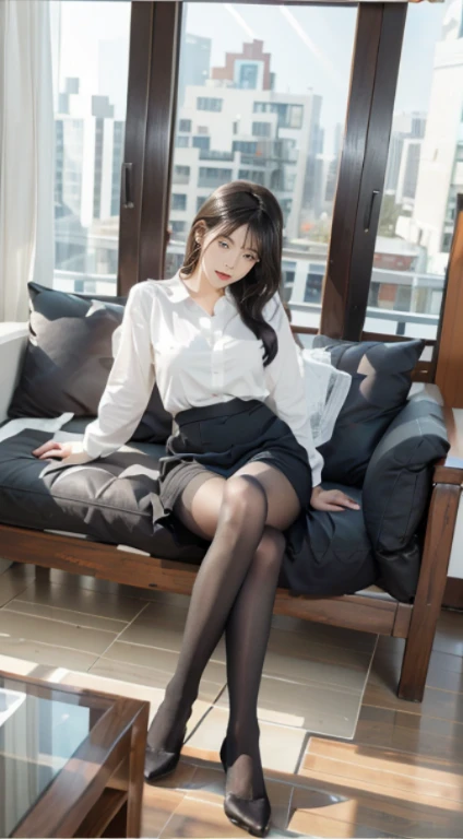 Professional Dress，100D black hip socks，blackstockings，black pantyhoses，Thick black stockings，Colossal tits，hip is cocked，super detailing，hyper HD,A high resolution,1080p,Anatomically correct，Acura，body coordination，Portrait photos，Delicatemakeup，slender thigh，Best quality, tmasterpiece, 超A high resolution, RAW photos, Beautiful and beautiful,deepshadow, (realistically:1.4), full-body composition, Striking perspective